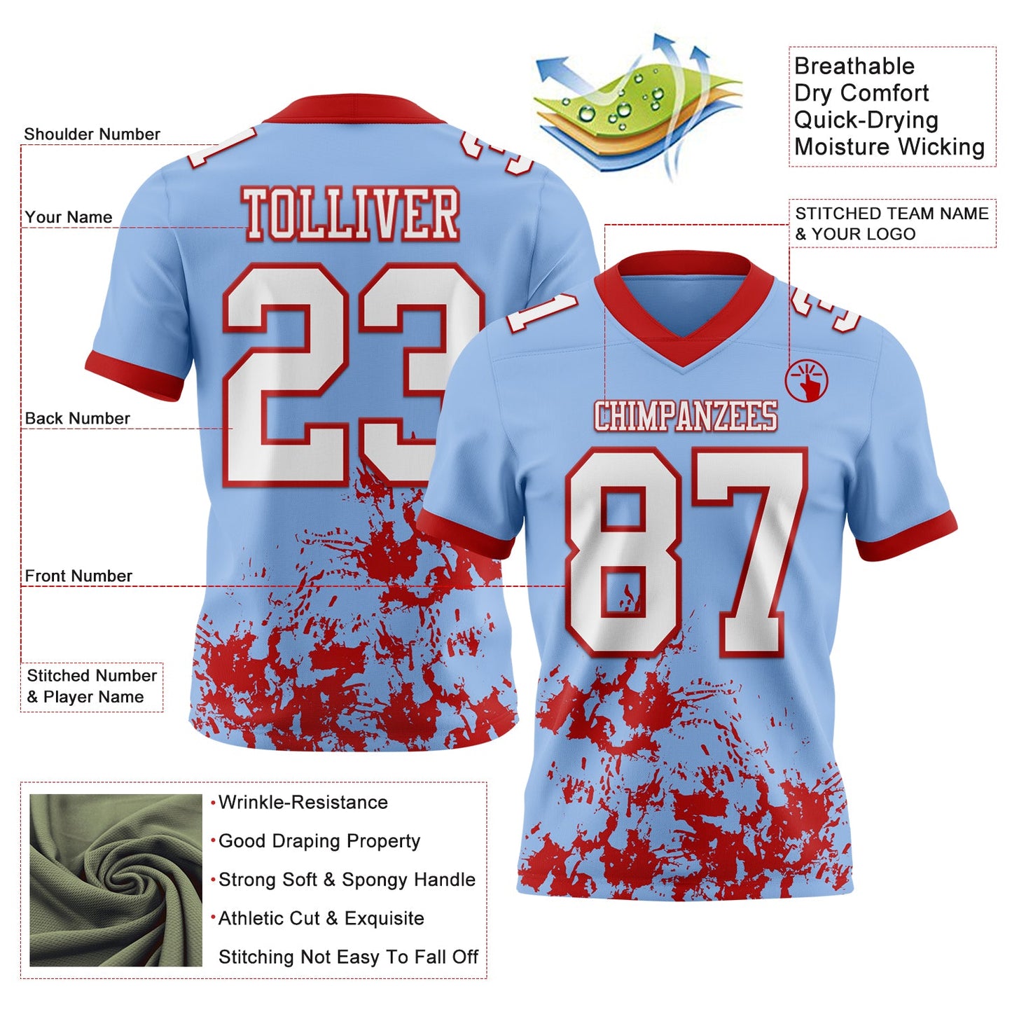 Custom Light Blue White-Red 3D Pattern Splash Authentic Football Jersey view 2