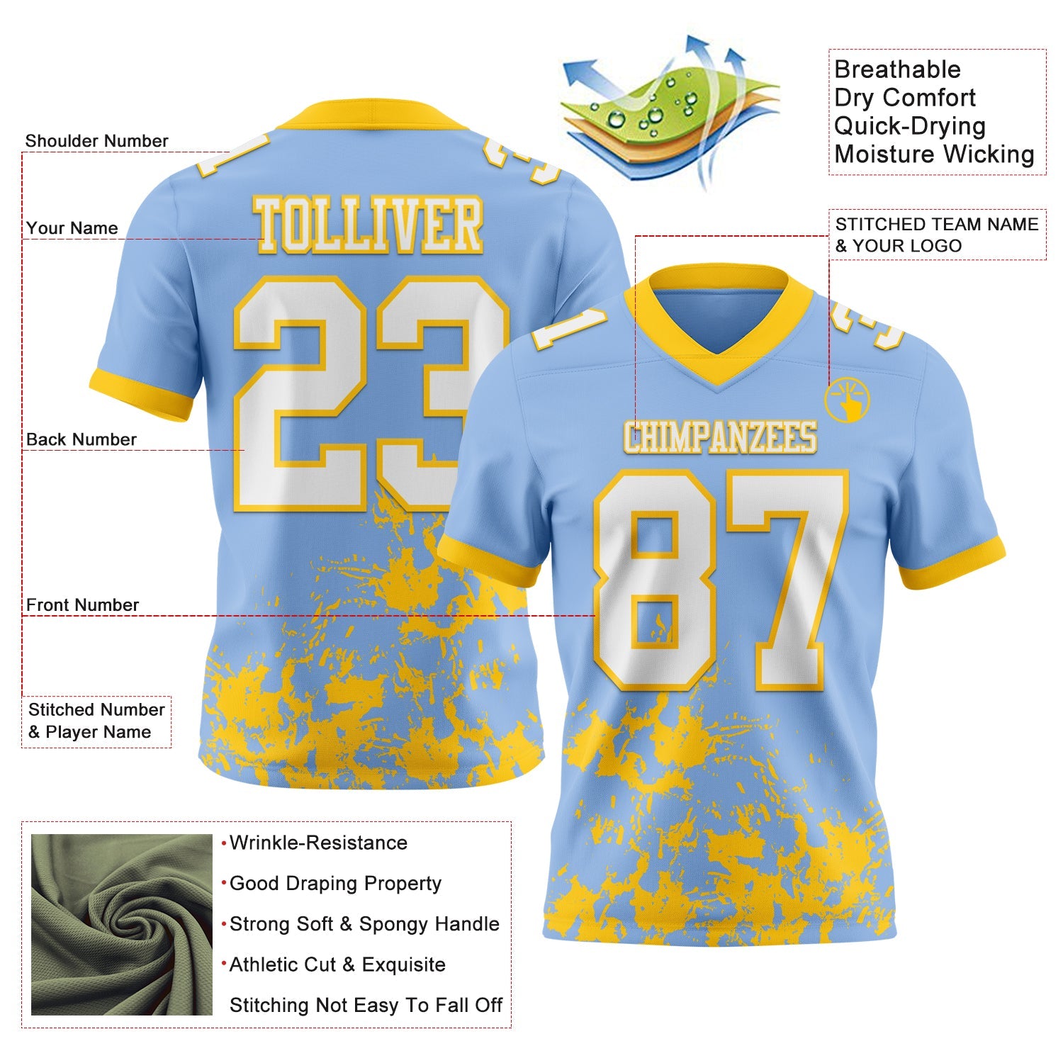Custom Light Blue White-Yellow 3D Pattern Splash Authentic Football Jersey view 2