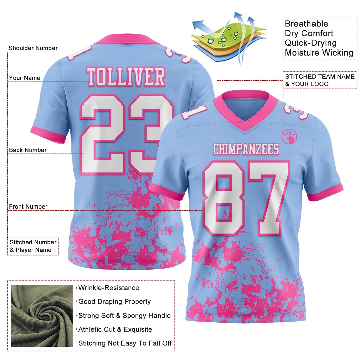 Custom Light Blue White-Pink 3D Pattern Splash Authentic Football Jersey view 2