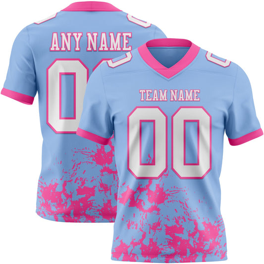 Custom Light Blue White-Pink 3D Pattern Splash Authentic Football Jersey - Main View
