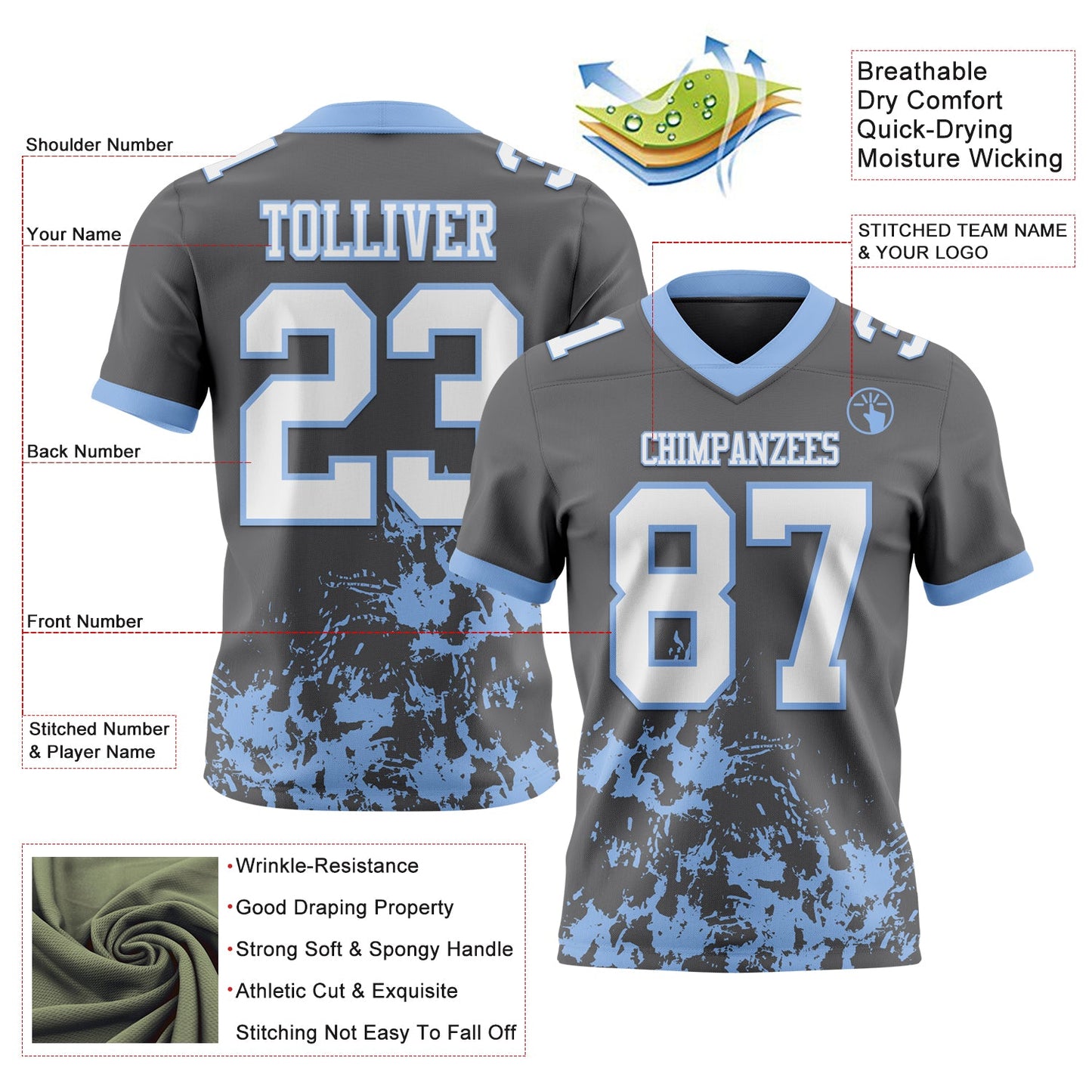 Custom Steel Gray White-Light Blue 3D Pattern Splash Authentic Football Jersey view 2