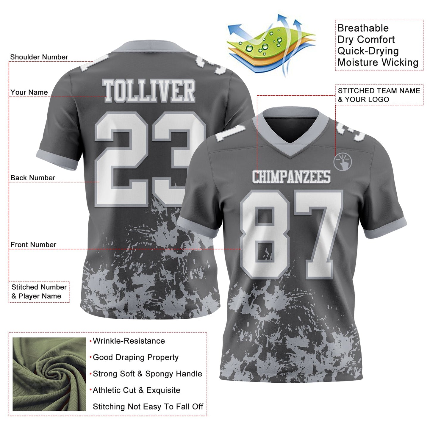 Custom Steel Gray White-Gray 3D Pattern Splash Authentic Football Jersey view 2