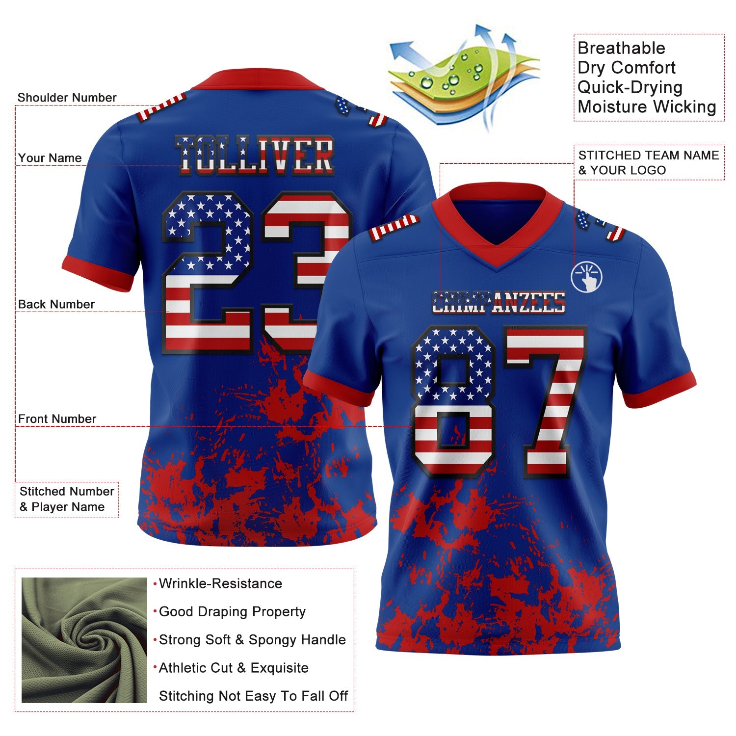 Custom Royal USA Flag Red-Black 3D Pattern Splash Authentic Football Jersey view 2