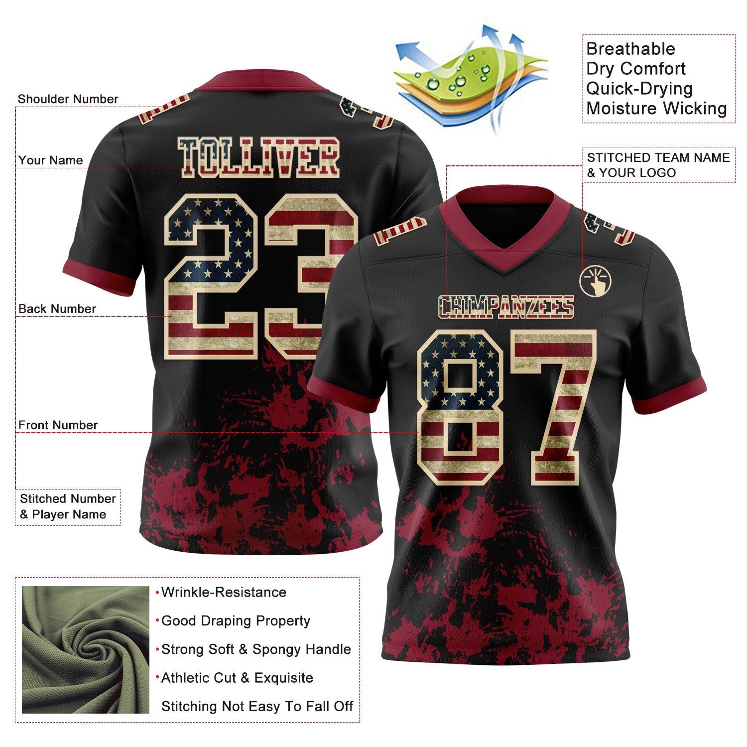 Custom Black Vintage USA Flag Crimson-Cream 3D Pattern Splash Authentic Football Jersey view 2