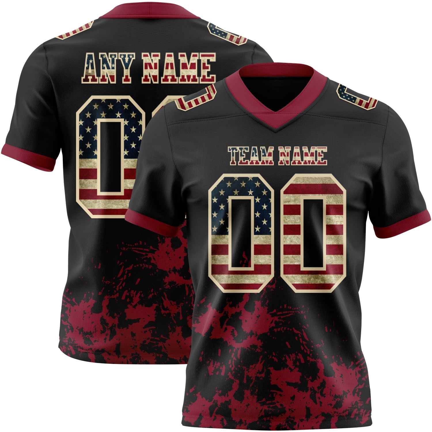 Custom Black Vintage USA Flag Crimson-Cream 3D Pattern Splash Authentic Football Jersey - Main View