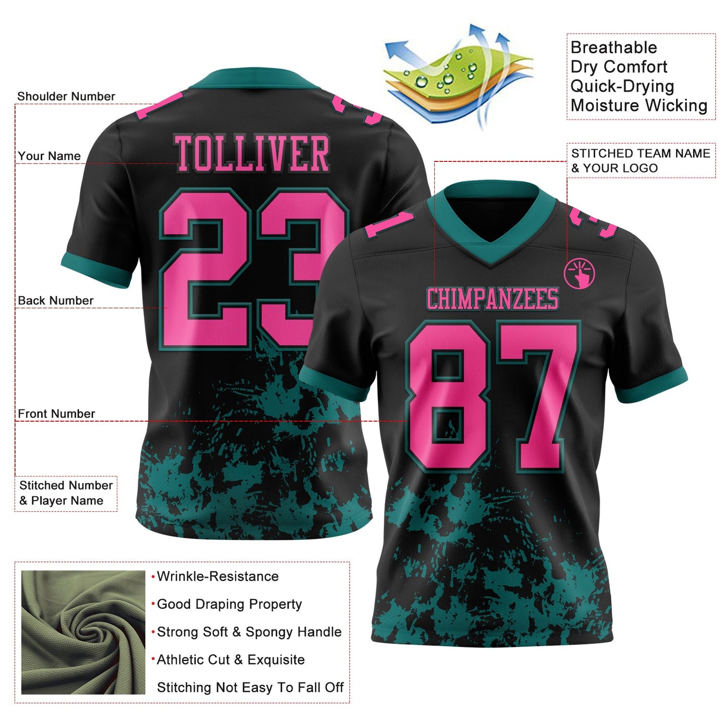 Custom Black Pink-Teal 3D Pattern Splash Authentic Football Jersey view 2