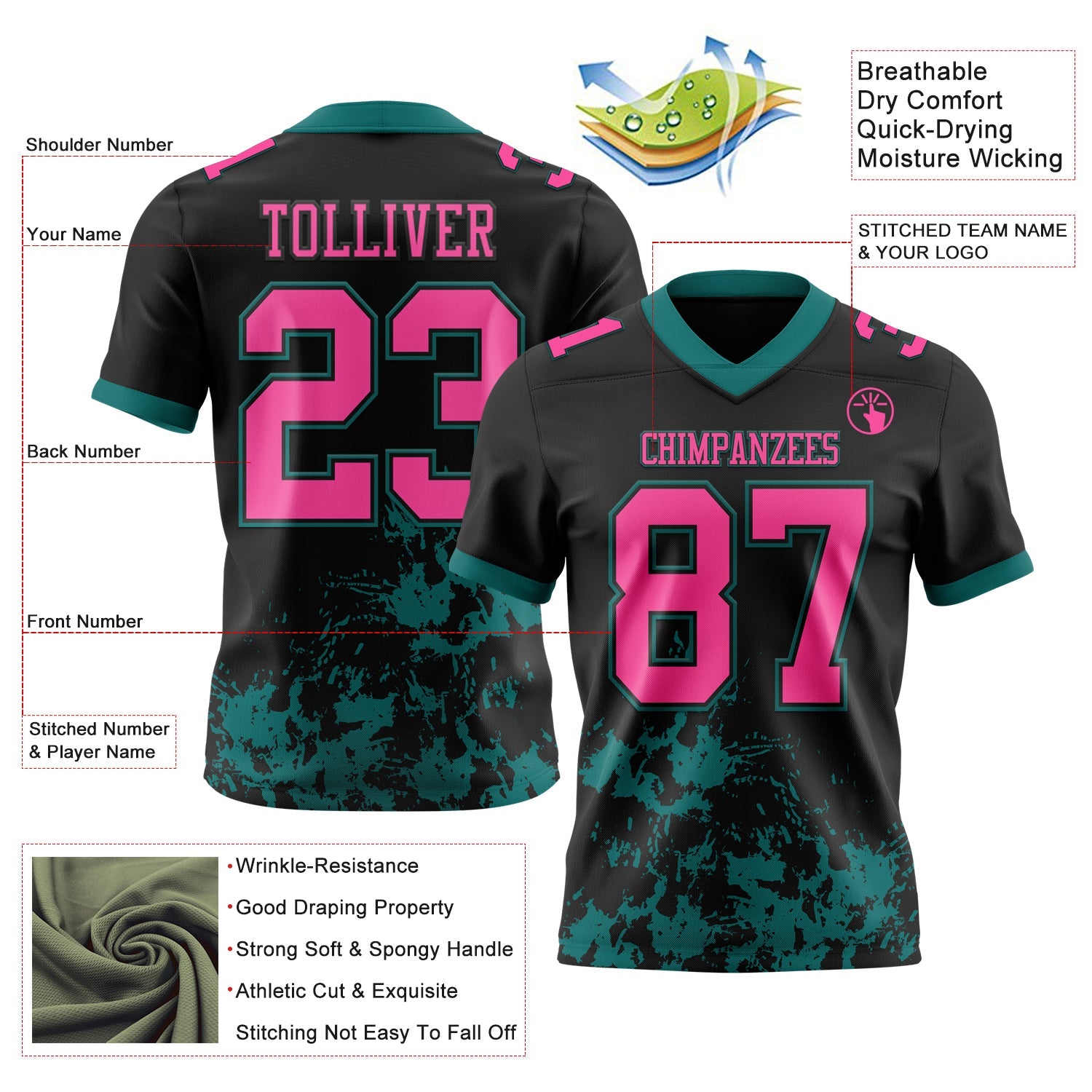 Custom Black Pink-Teal 3D Pattern Splash Authentic Football Jersey view 2