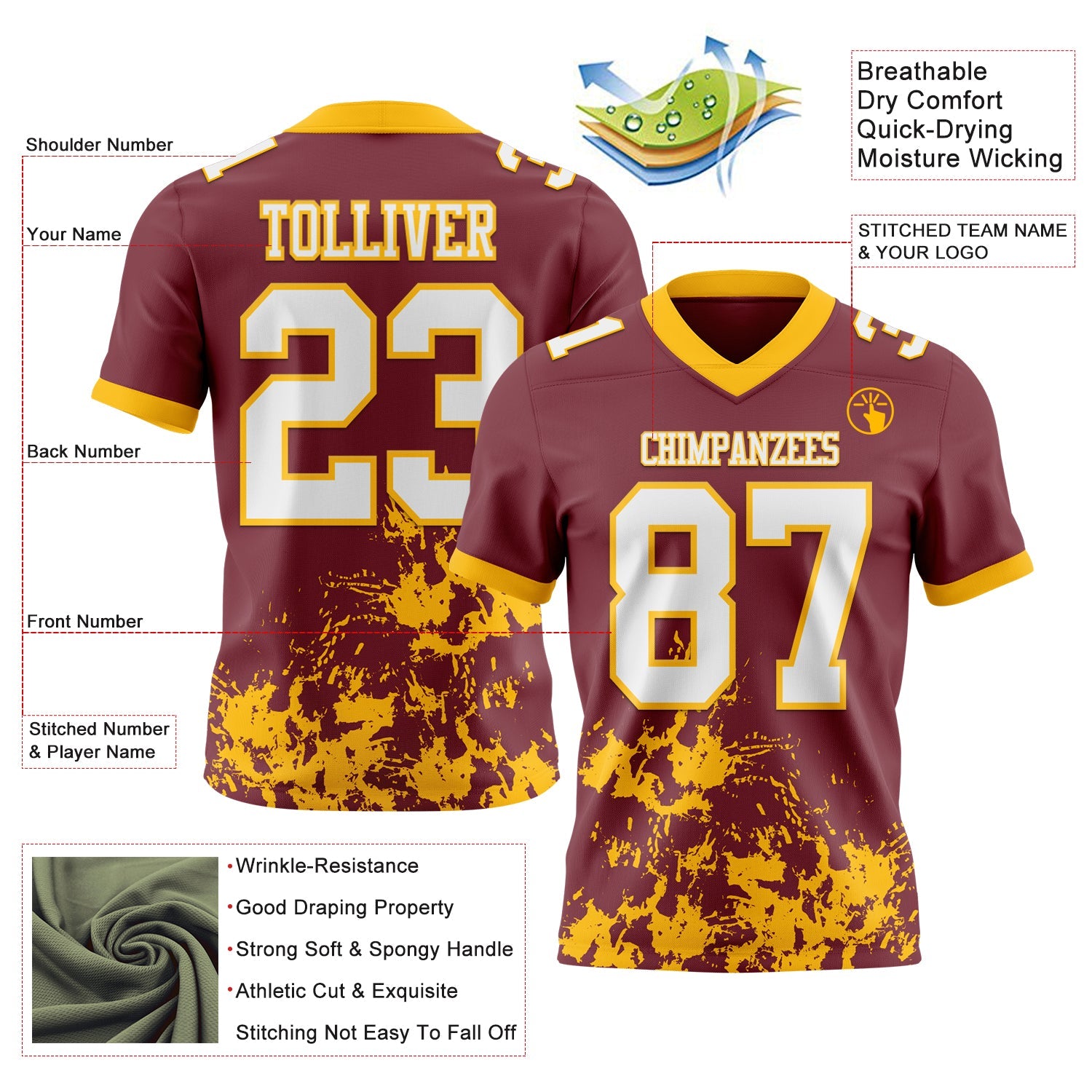Custom Burgundy White-Gold 3D Pattern Splash Authentic Football Jersey view 2