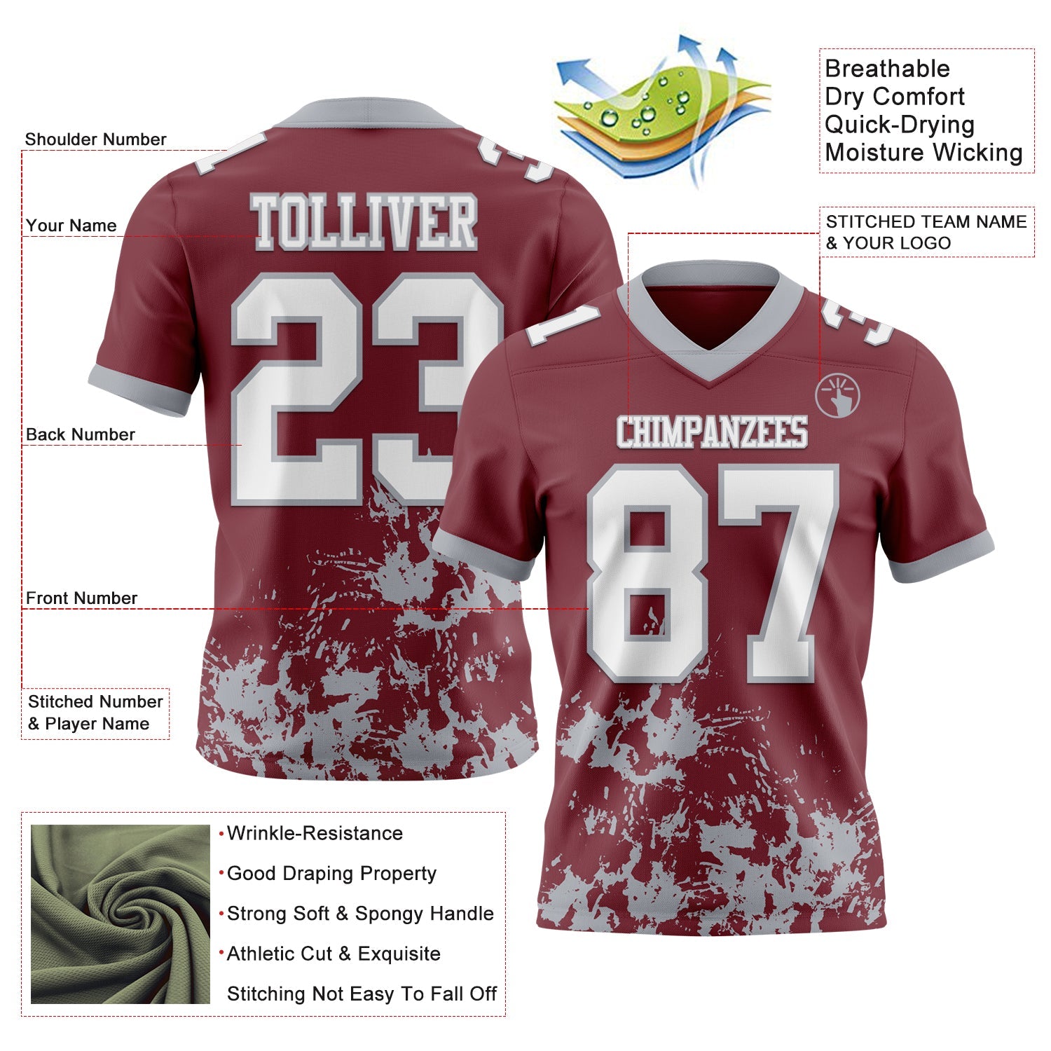 Custom Burgundy White-Gray 3D Pattern Splash Authentic Football Jersey view 2
