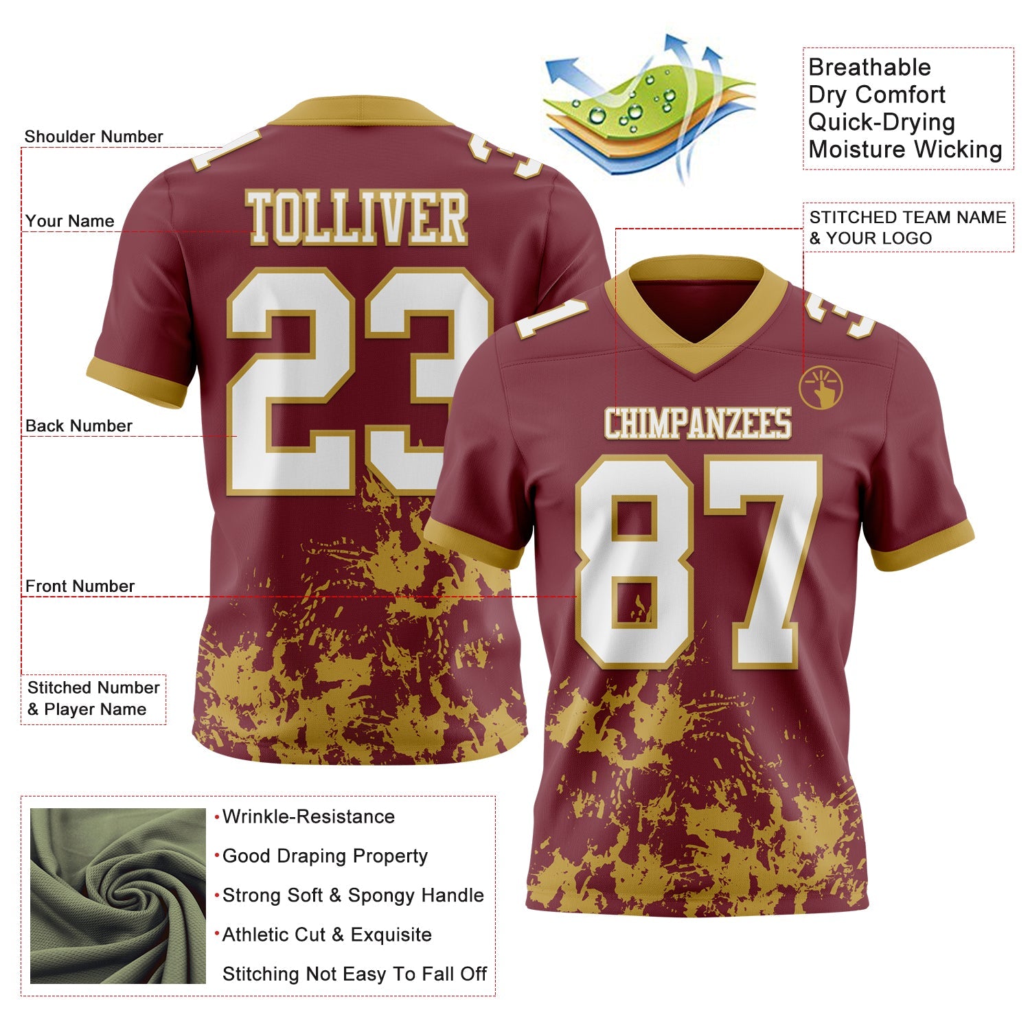 Custom Burgundy White-Old Gold 3D Pattern Splash Authentic Football Jersey view 2