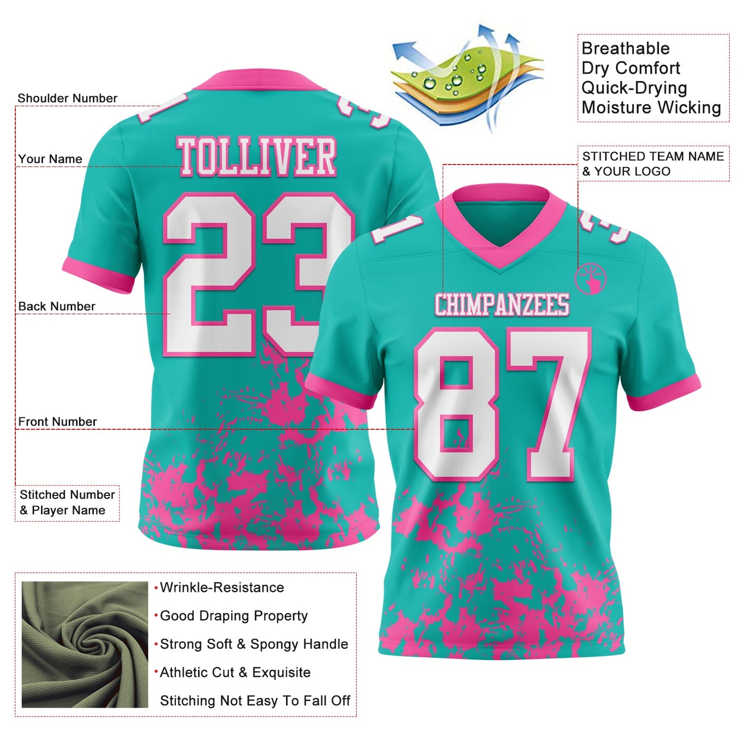 Custom Aqua White-Pink 3D Pattern Splash Authentic Football Jersey view 2