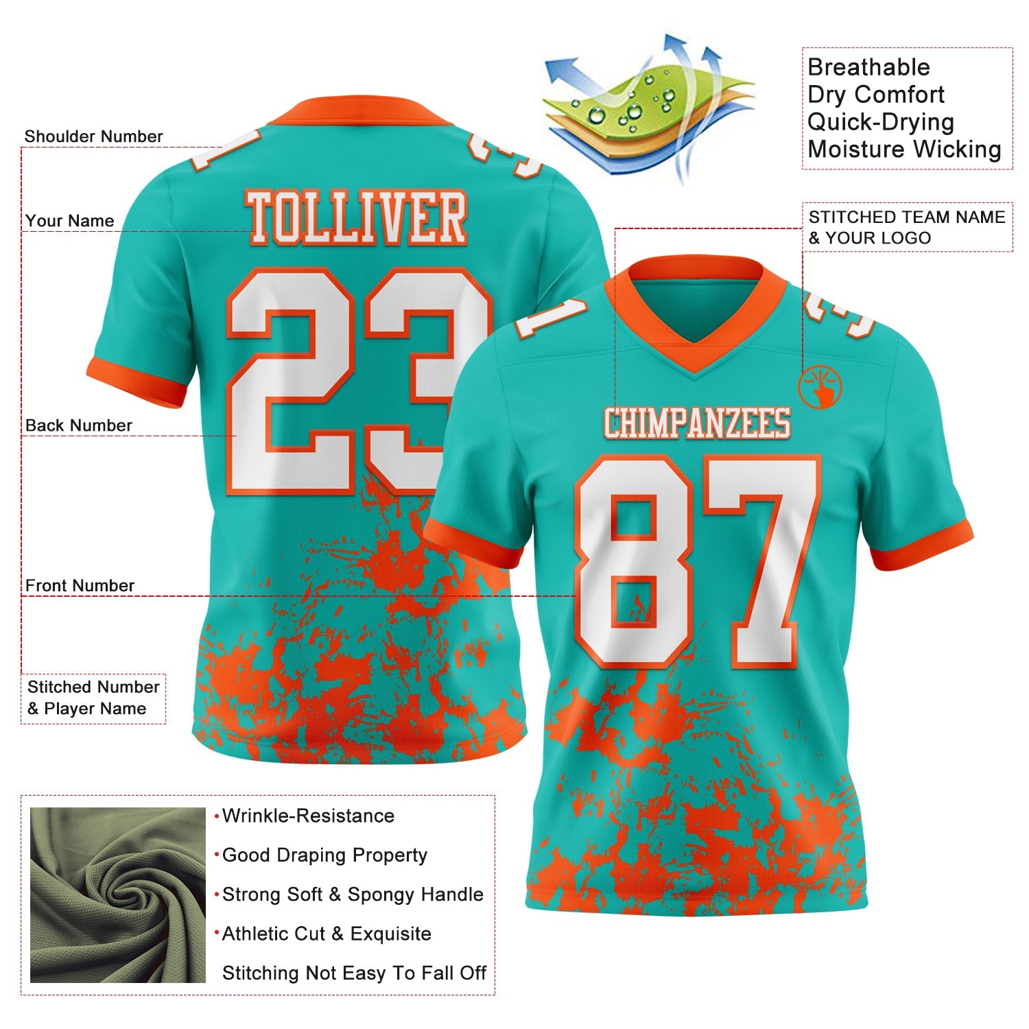 Custom Aqua White-Orange 3D Pattern Splash Authentic Football Jersey view 2