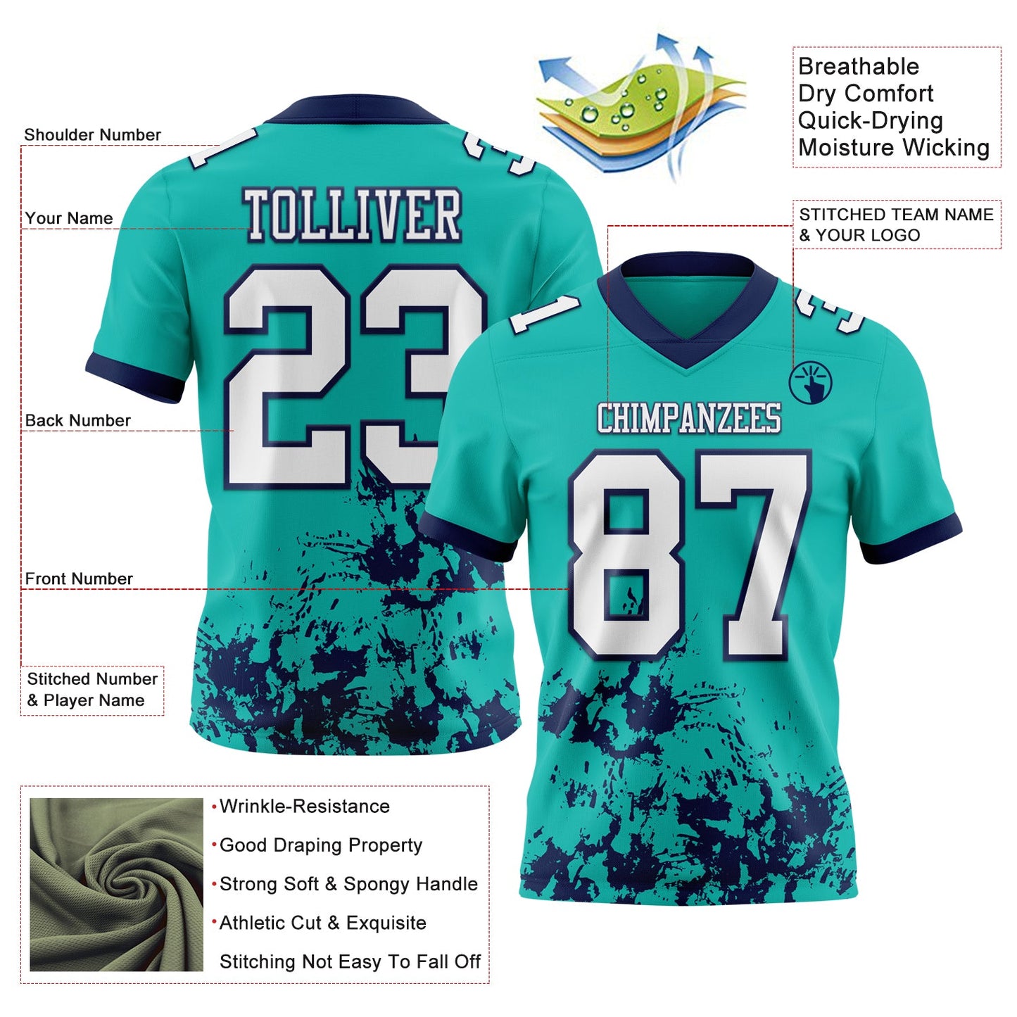 Custom Aqua White-Navy 3D Pattern Splash Authentic Football Jersey view 2
