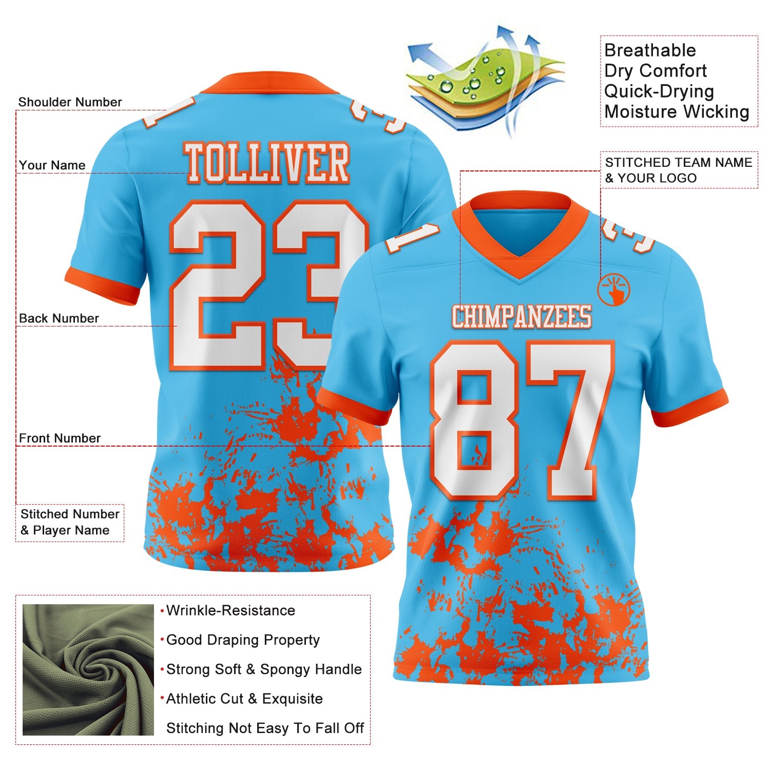 Custom Sky Blue White-Orange 3D Pattern Splash Authentic Football Jersey view 2