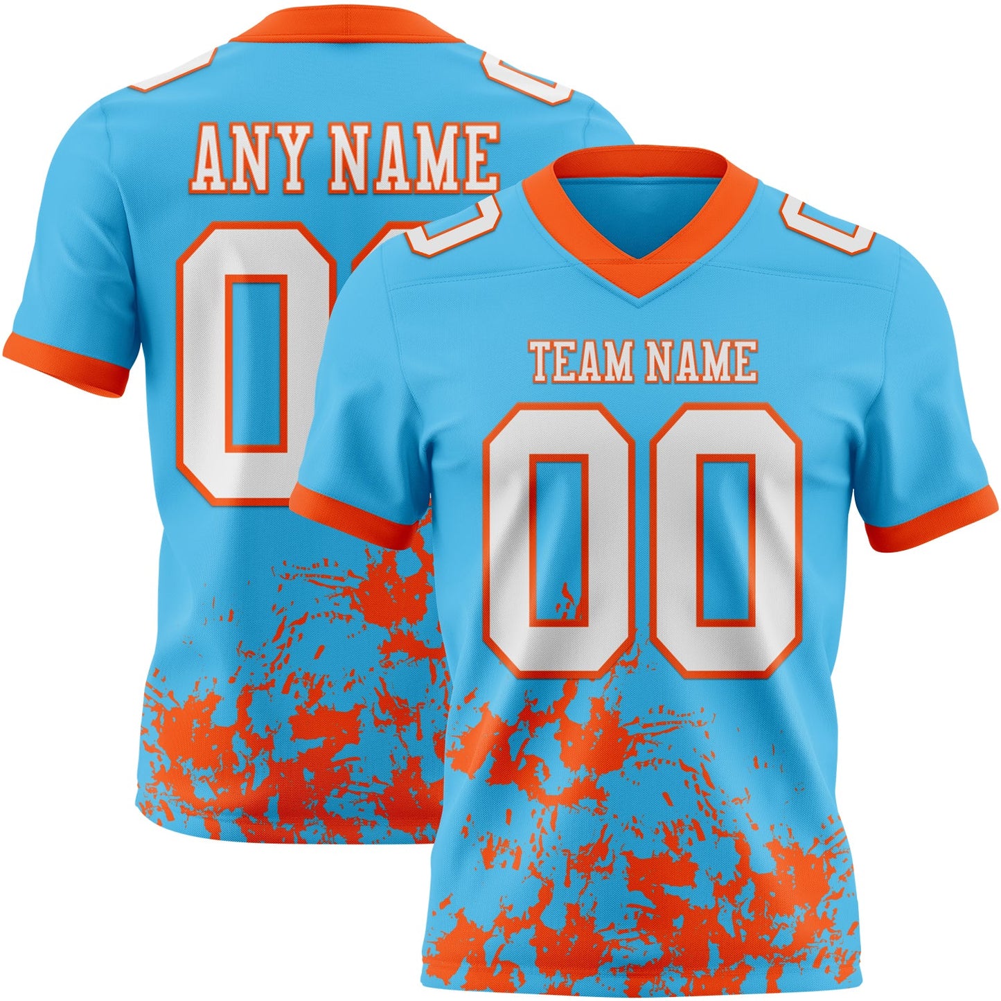 Custom Sky Blue White-Orange 3D Pattern Splash Authentic Football Jersey - Main View