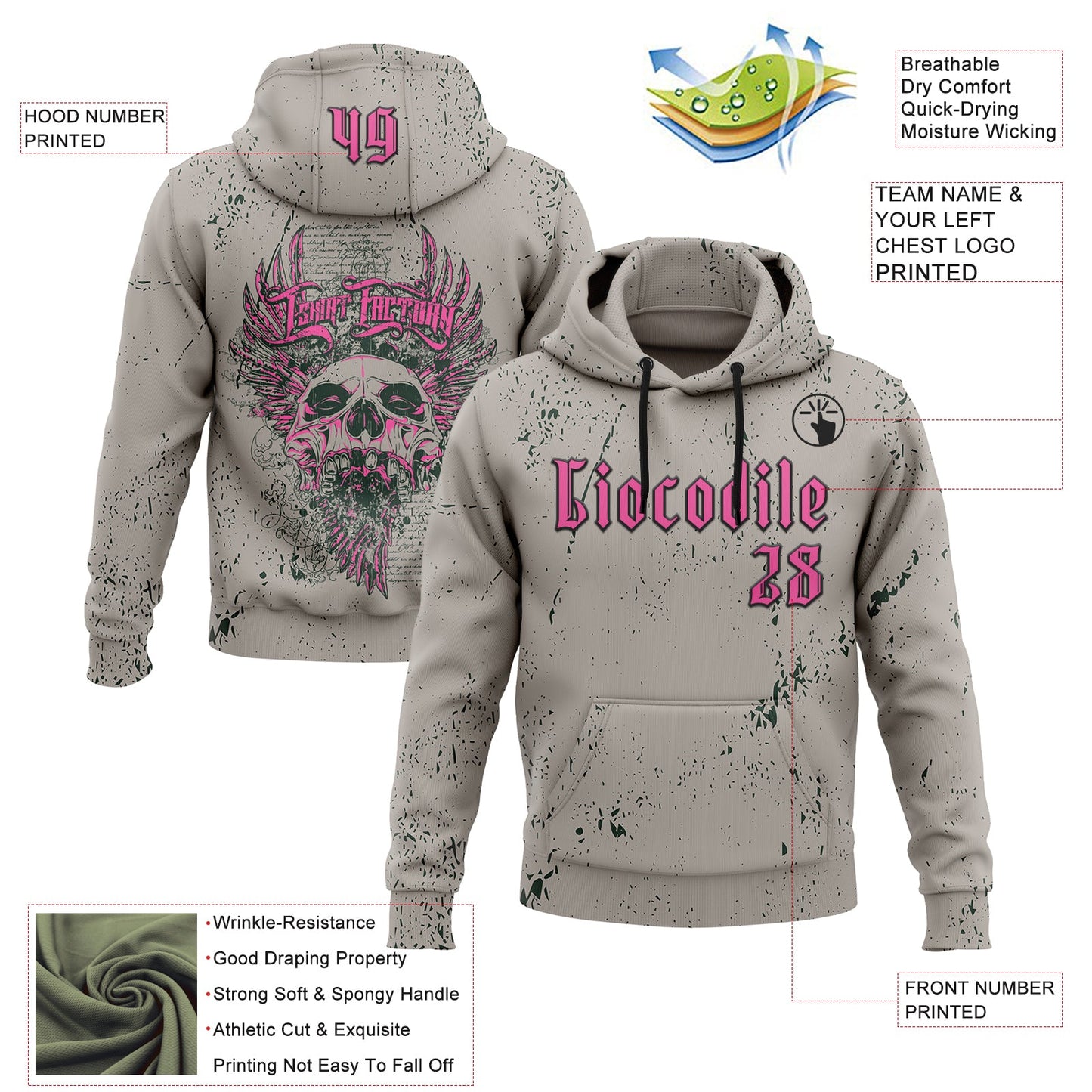 Custom Gray Pink-Black 3D Skull Gothic Destroyer Vintage Grunge Art Sports Pullover Sweatshirt Hoodie view 2
