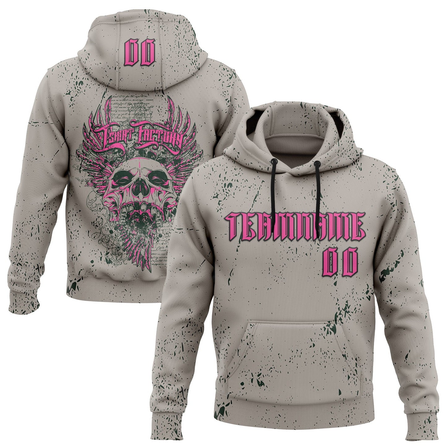 Custom Gray Pink-Black 3D Skull Gothic Destroyer Vintage Grunge Art Sports Pullover Sweatshirt Hoodie - Main View