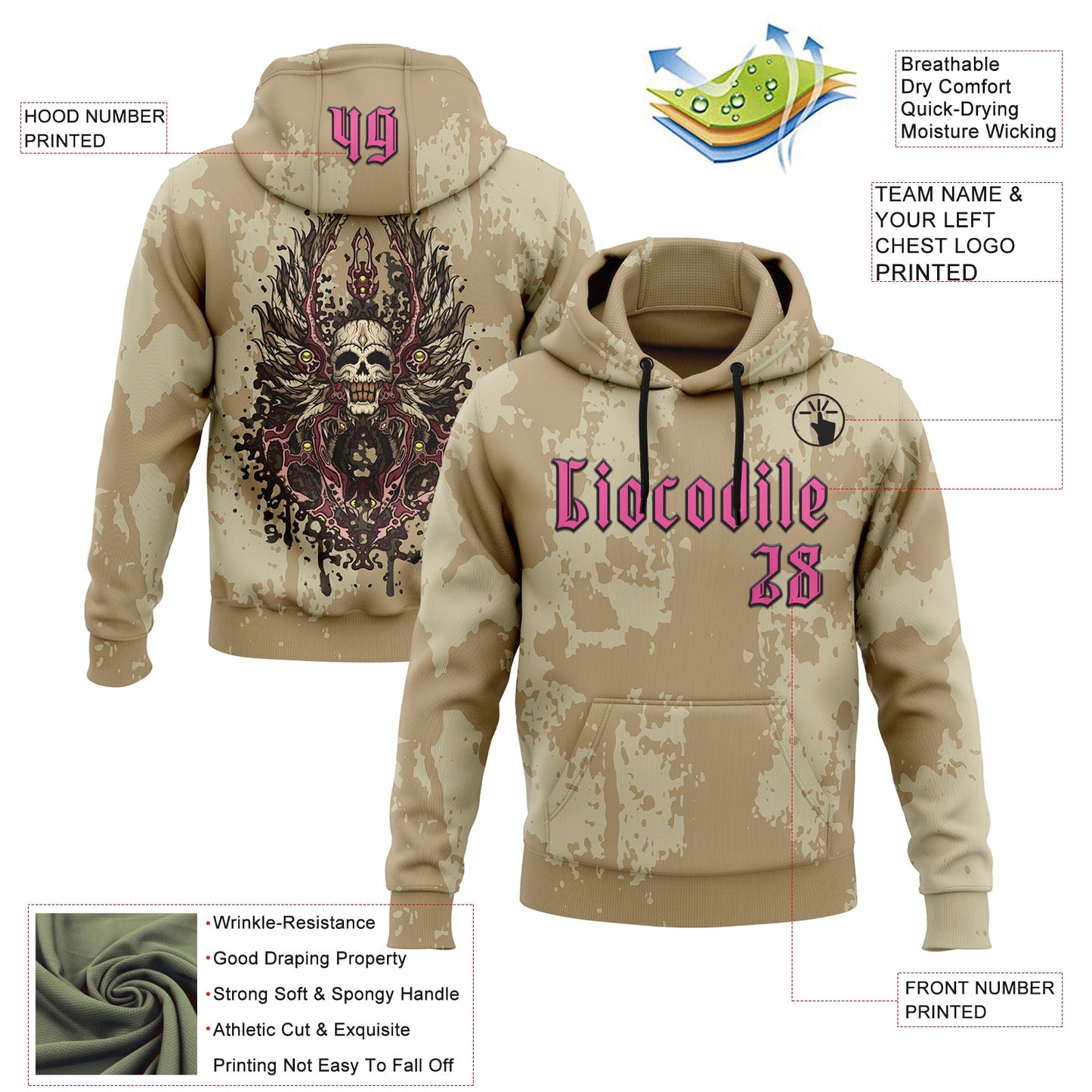 Custom Old Gold Pink-Black 3D Skull Gothic Vintage Grunge Art Sports Pullover Sweatshirt Hoodie view 2