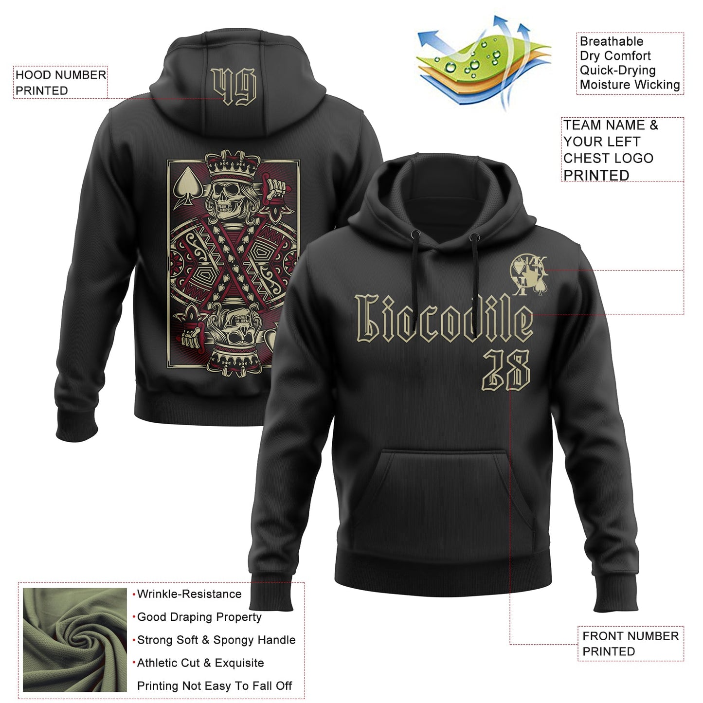Custom Black Gold 3D Skull Poker Playing Card Sports Pullover Sweatshirt Hoodie view 2