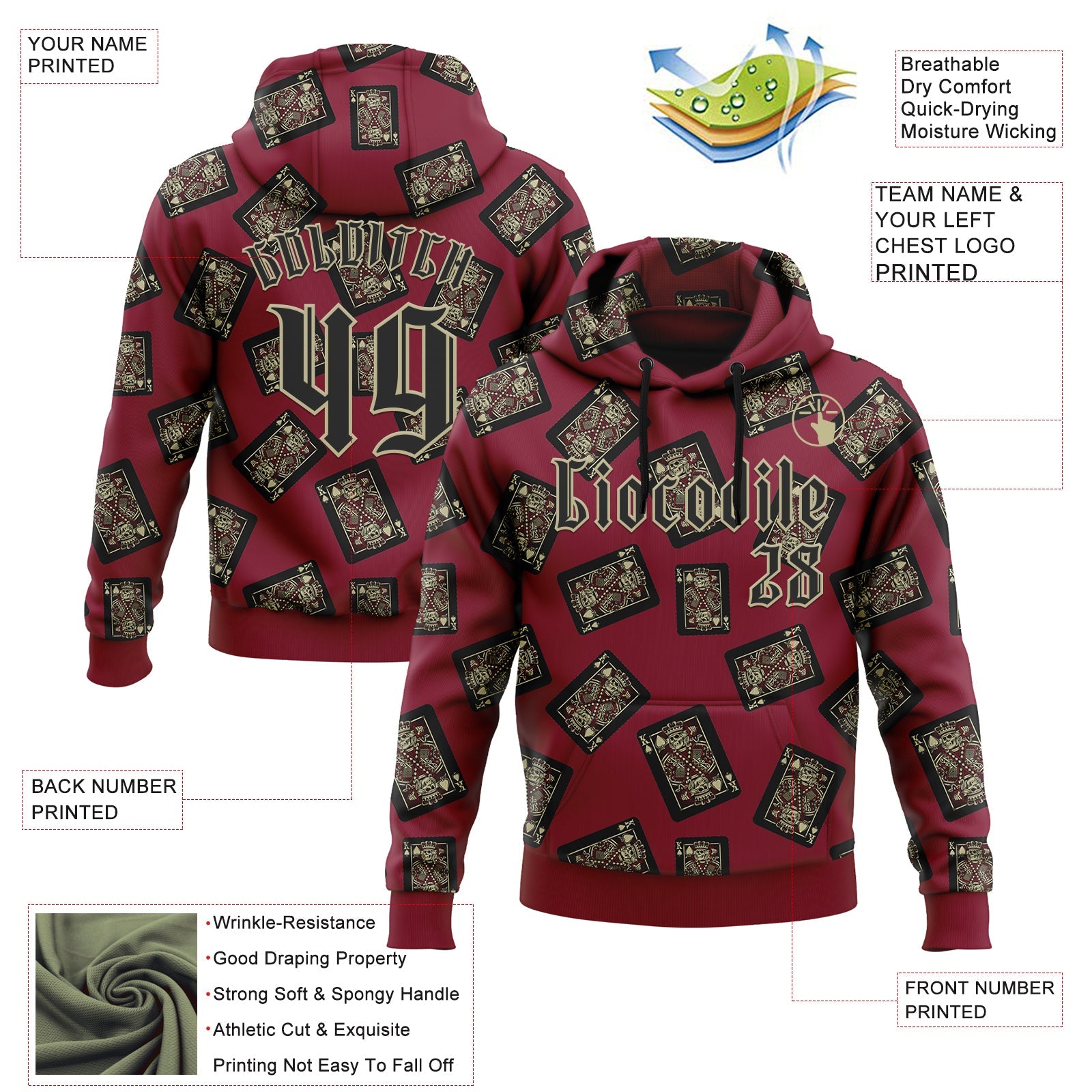 Custom Crimson Gold 3D Skull Poker Playing Card Vintage Sports Pullover Sweatshirt Hoodie view 2