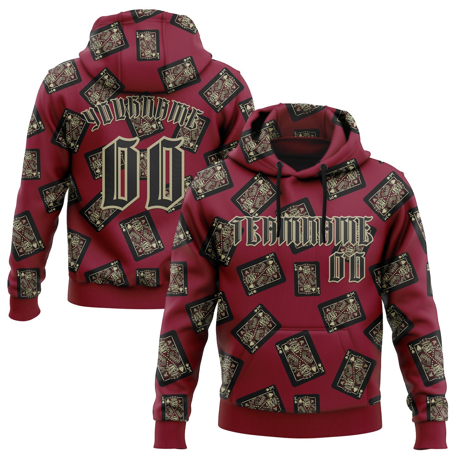 Custom Crimson Gold 3D Skull Poker Playing Card Vintage Sports Pullover Sweatshirt Hoodie - Main View