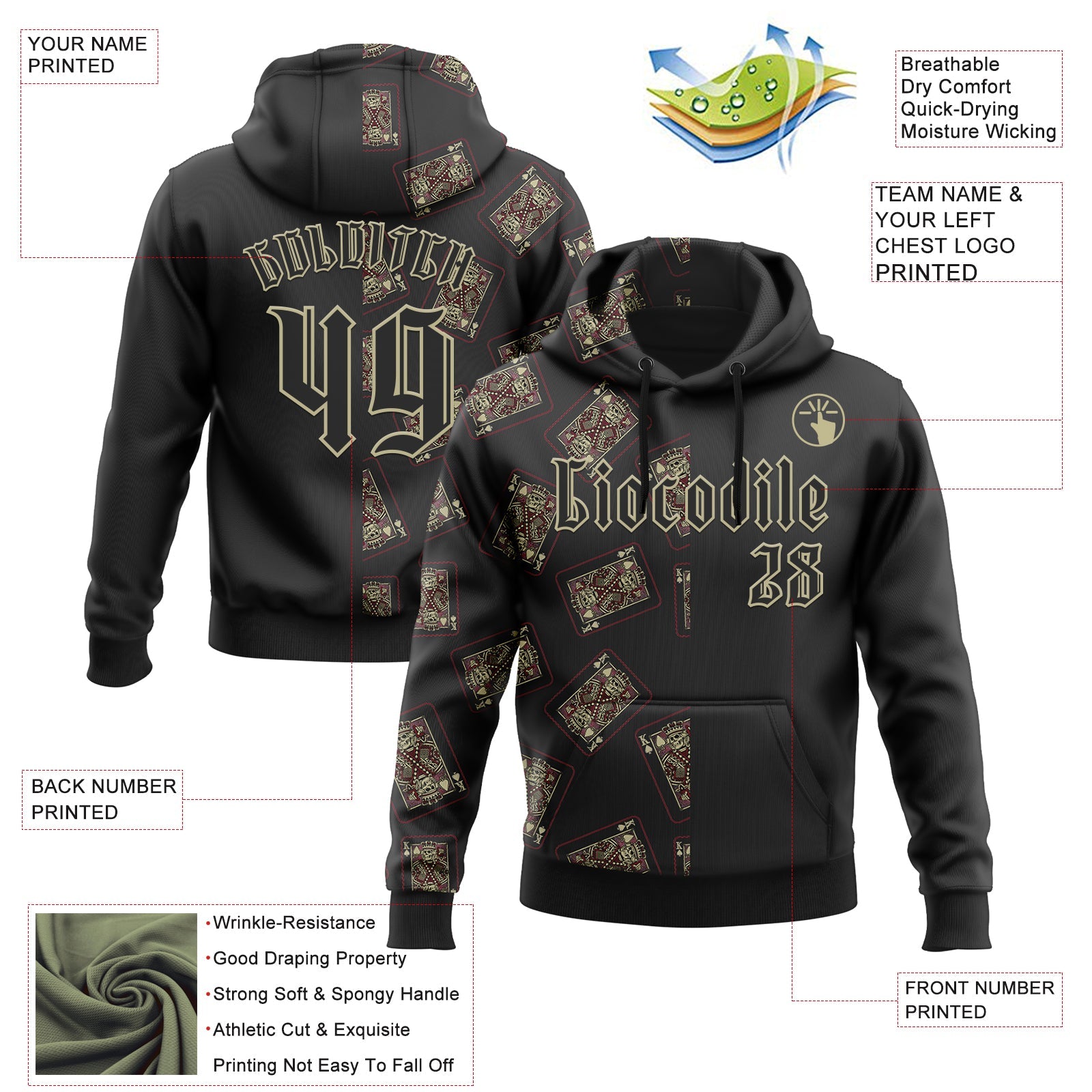 Custom Black Gold 3D Skull Poker Playing Card Split Sports Pullover Sweatshirt Hoodie view 2