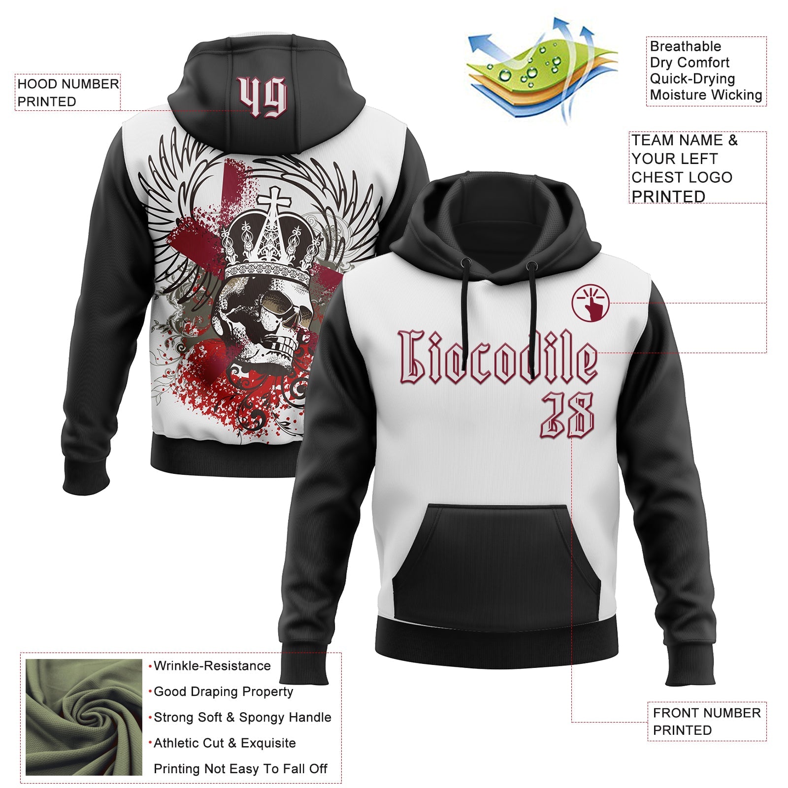 Custom White Black-Crimson 3D Skull Gothic Emperor Royalty Sports Pullover Sweatshirt Hoodie view 2