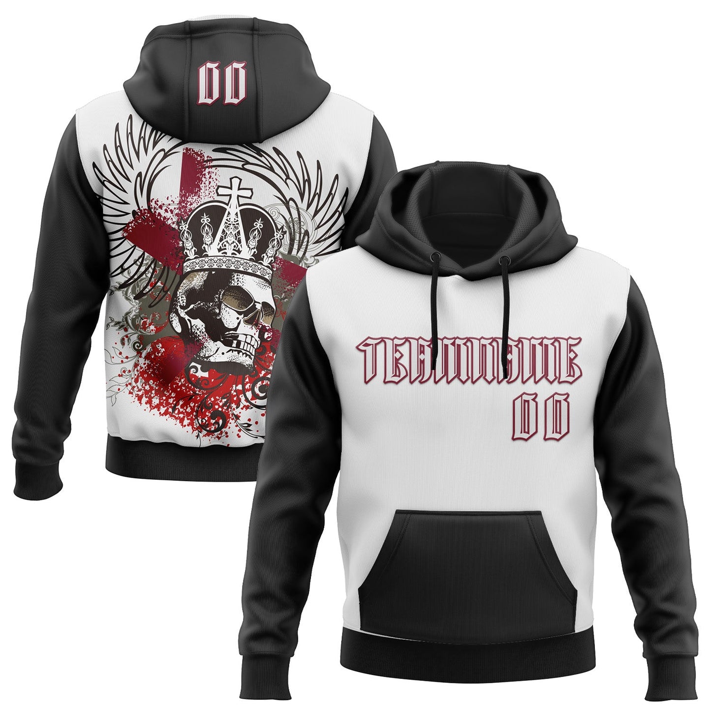 Custom White Black-Crimson 3D Skull Gothic Emperor Royalty Sports Pullover Sweatshirt Hoodie - Main View