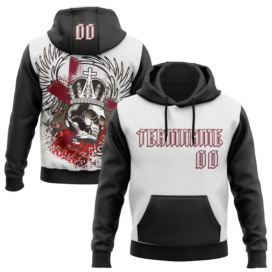 Custom White Black-Crimson 3D Skull Gothic Emperor Royalty Sports Pullover Sweatshirt Hoodie - Main View