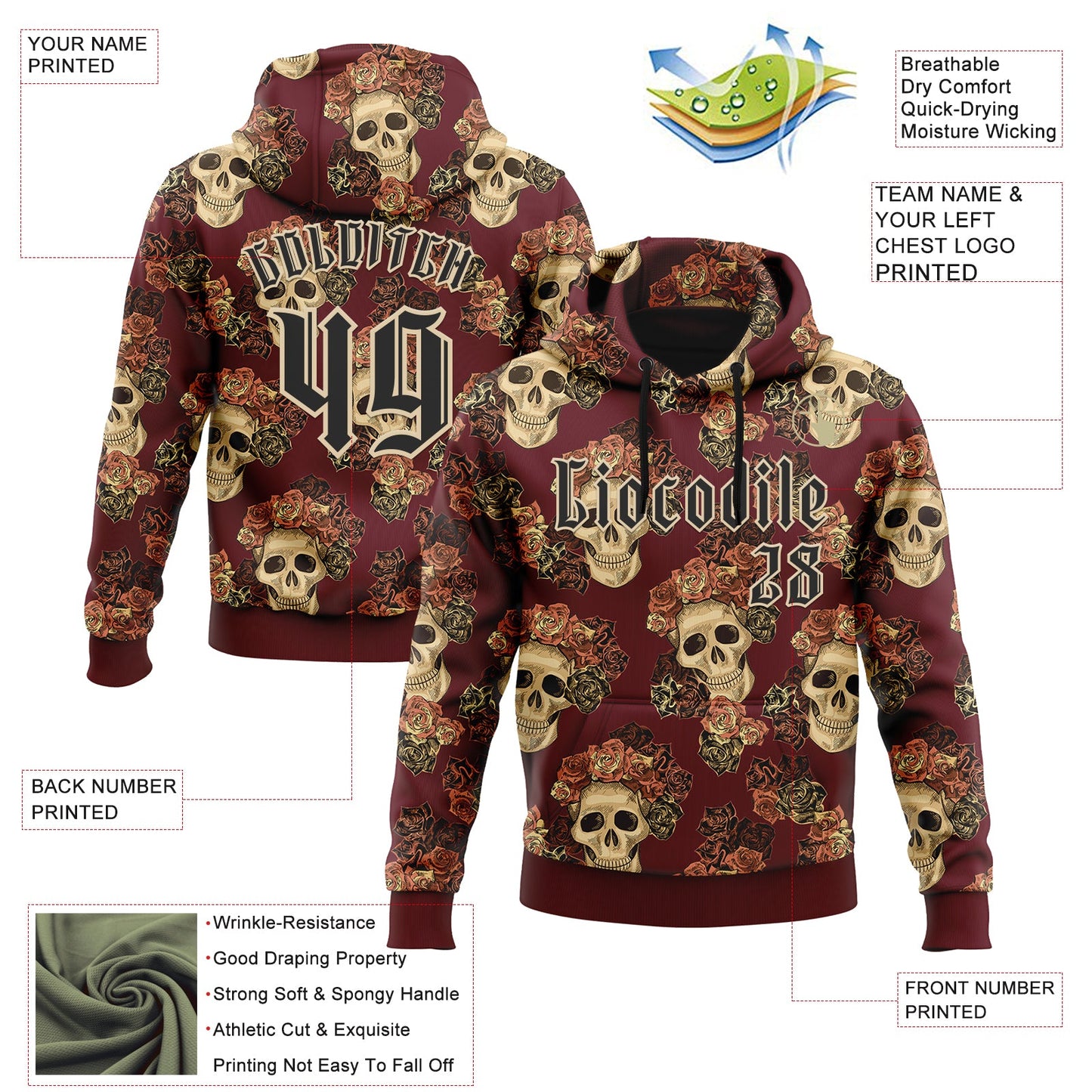 Custom Burgundy Black-City Cream 3D Skull Roses Gothic Vintage Sports Pullover Sweatshirt Hoodie view 2