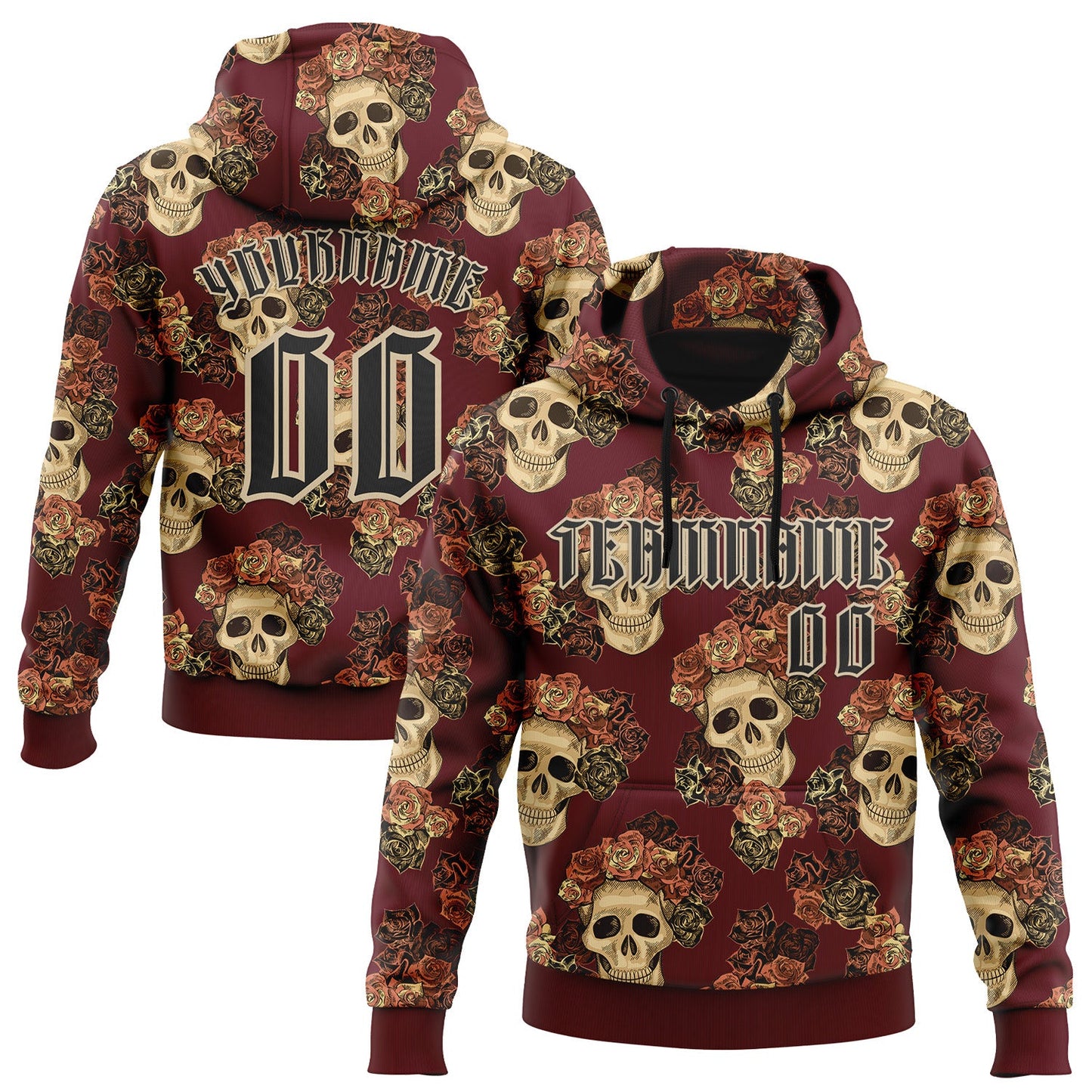 Custom Burgundy Black-City Cream 3D Skull Roses Gothic Vintage Sports Pullover Sweatshirt Hoodie - Main View