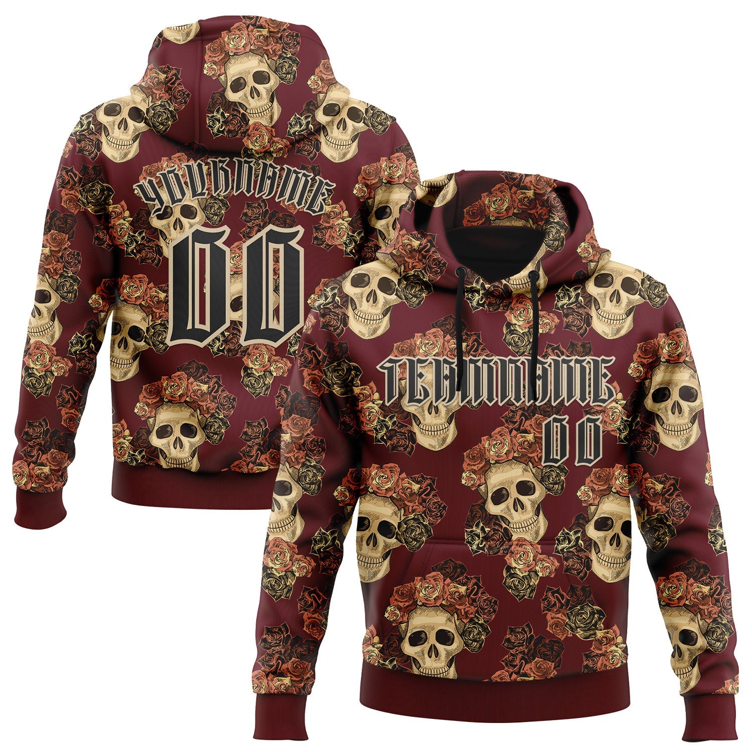 Custom Burgundy Black-City Cream 3D Skull Roses Gothic Vintage Sports Pullover Sweatshirt Hoodie - Main View