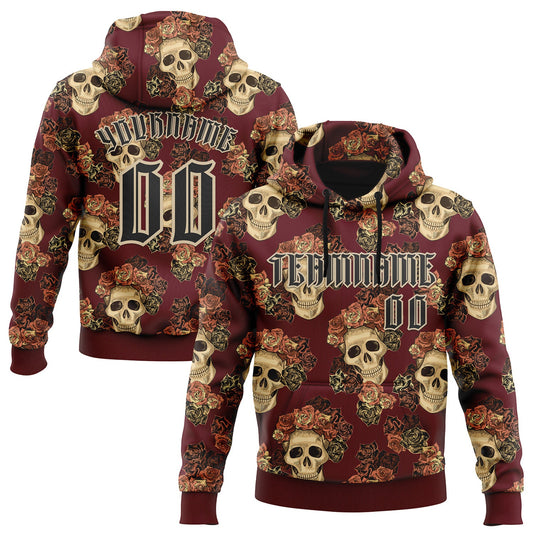 Custom Burgundy Black-City Cream 3D Skull Roses Gothic Vintage Sports Pullover Sweatshirt Hoodie - Main View
