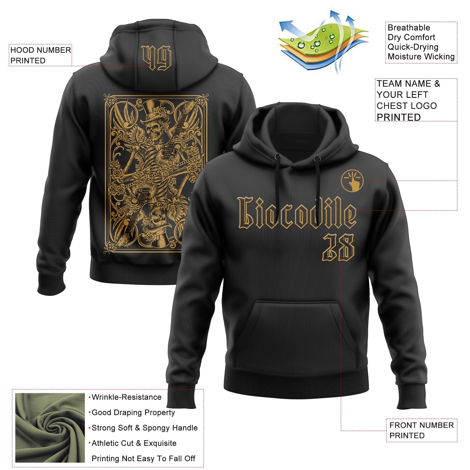Custom Black Old Gold 3D Skull Poker Playing Card Vintage Sports Pullover Sweatshirt Hoodie view 2