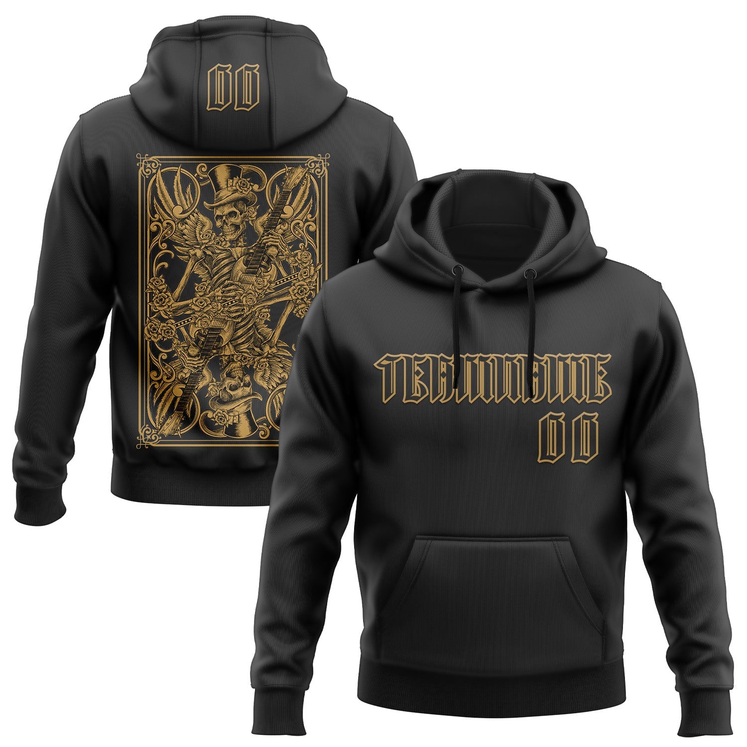 Custom Black Old Gold 3D Skull Poker Playing Card Vintage Sports Pullover Sweatshirt Hoodie - Main View