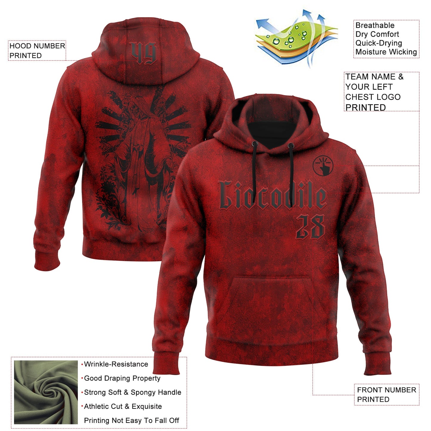 Custom Red Black 3D Skull Gothic Faith Holy Vintage Sports Pullover Sweatshirt Hoodie view 2