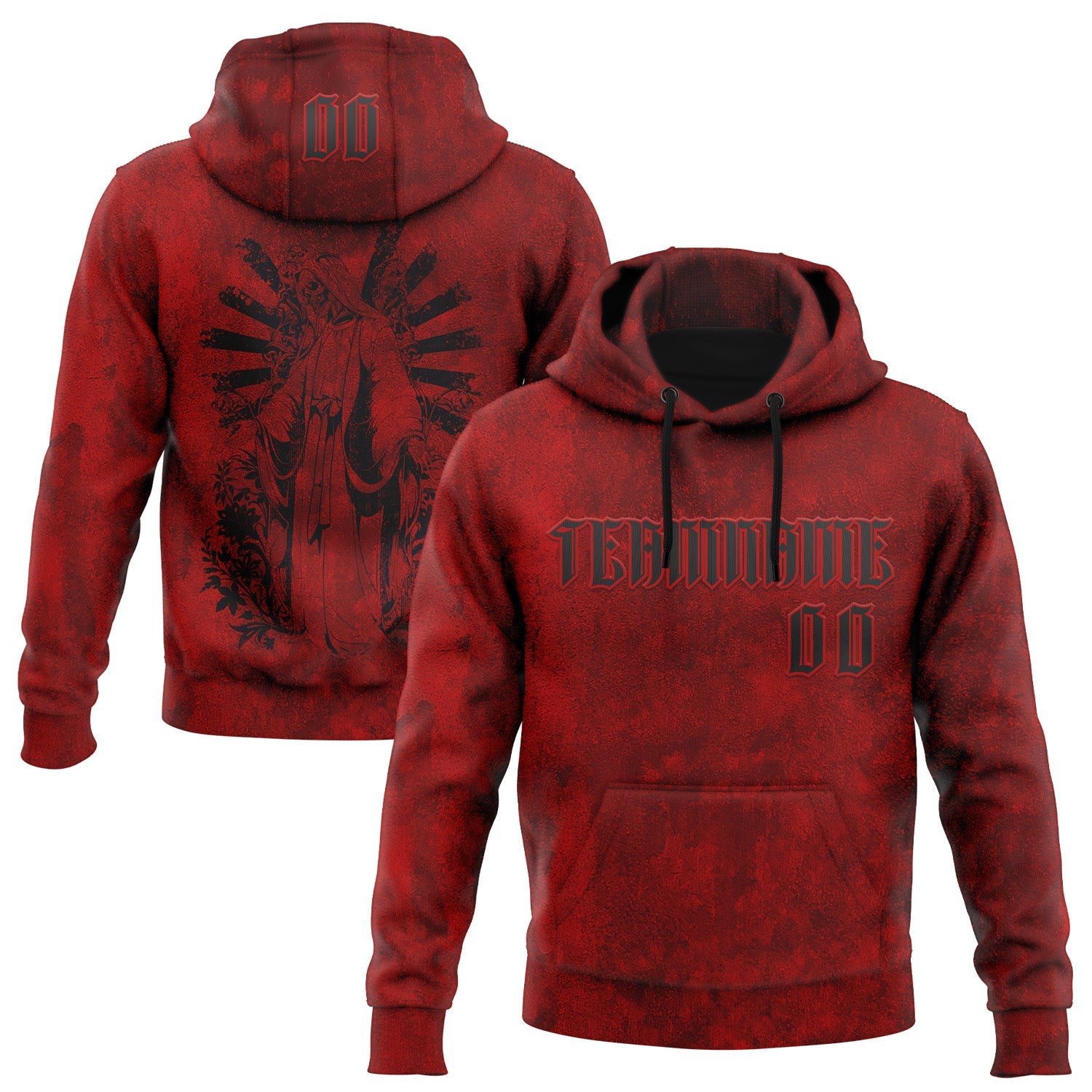 Custom Red Black 3D Skull Gothic Faith Holy Vintage Sports Pullover Sweatshirt Hoodie - Main View