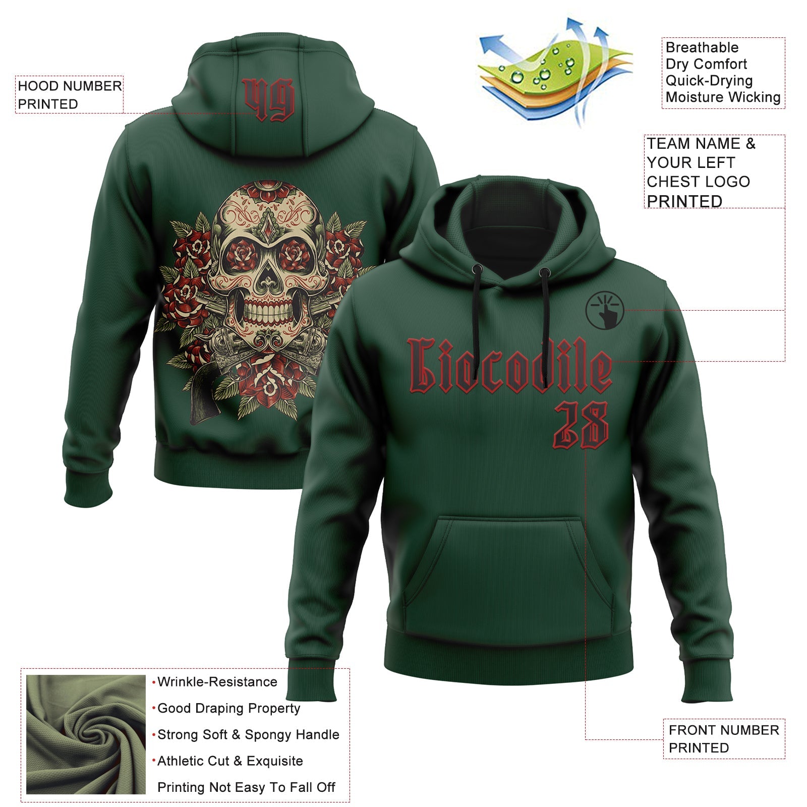 Custom Green Black-Red 3D Skull Roses Revolvers Gothic Sports Pullover Sweatshirt Hoodie view 2
