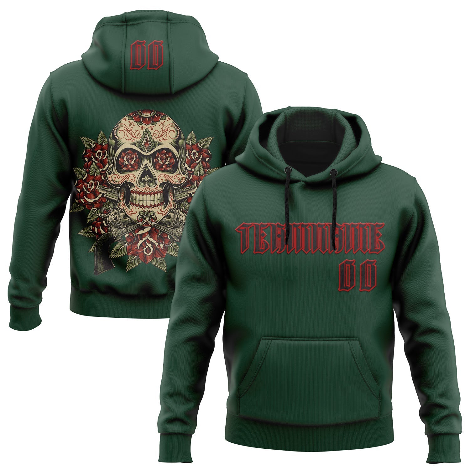 Custom Green Black-Red 3D Skull Roses Revolvers Gothic Sports Pullover Sweatshirt Hoodie - Main View