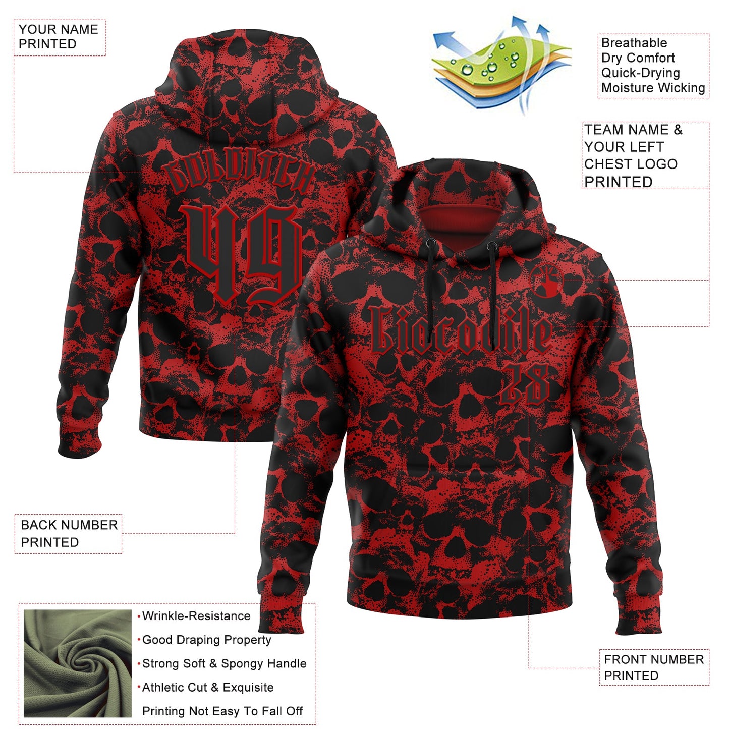 Custom Red Black 3D Skull Gothic Vintage Sports Pullover Sweatshirt Hoodie view 2