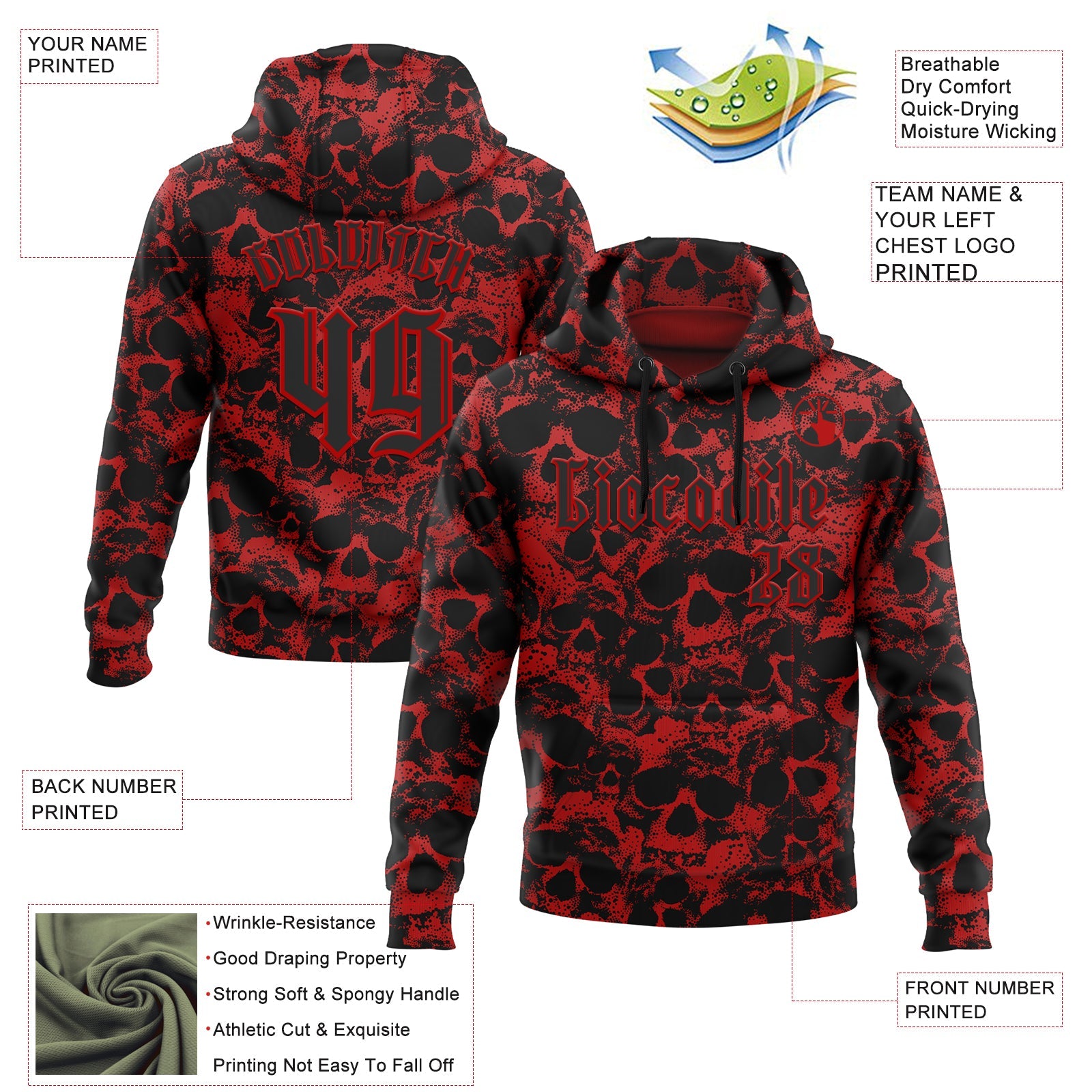 Custom Red Black 3D Skull Gothic Vintage Sports Pullover Sweatshirt Hoodie view 2