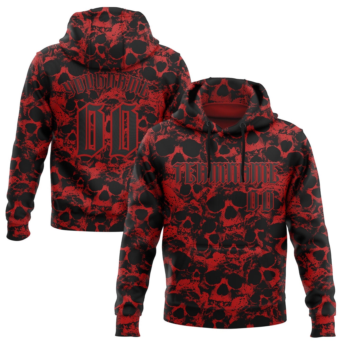 Custom Red Black 3D Skull Gothic Vintage Sports Pullover Sweatshirt Hoodie - Main View