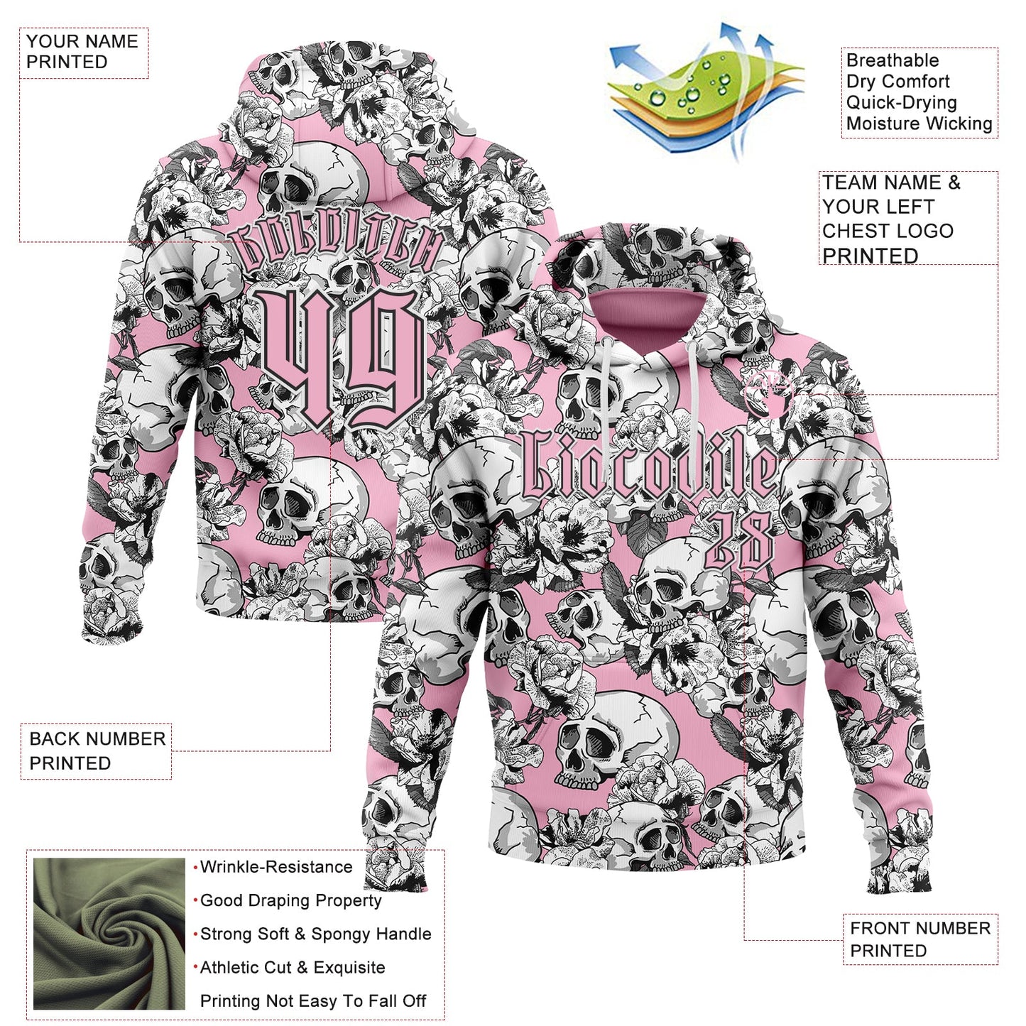 Custom Light Pink Black-White 3D Skull Roses Gothic Sports Pullover Sweatshirt Hoodie view 2