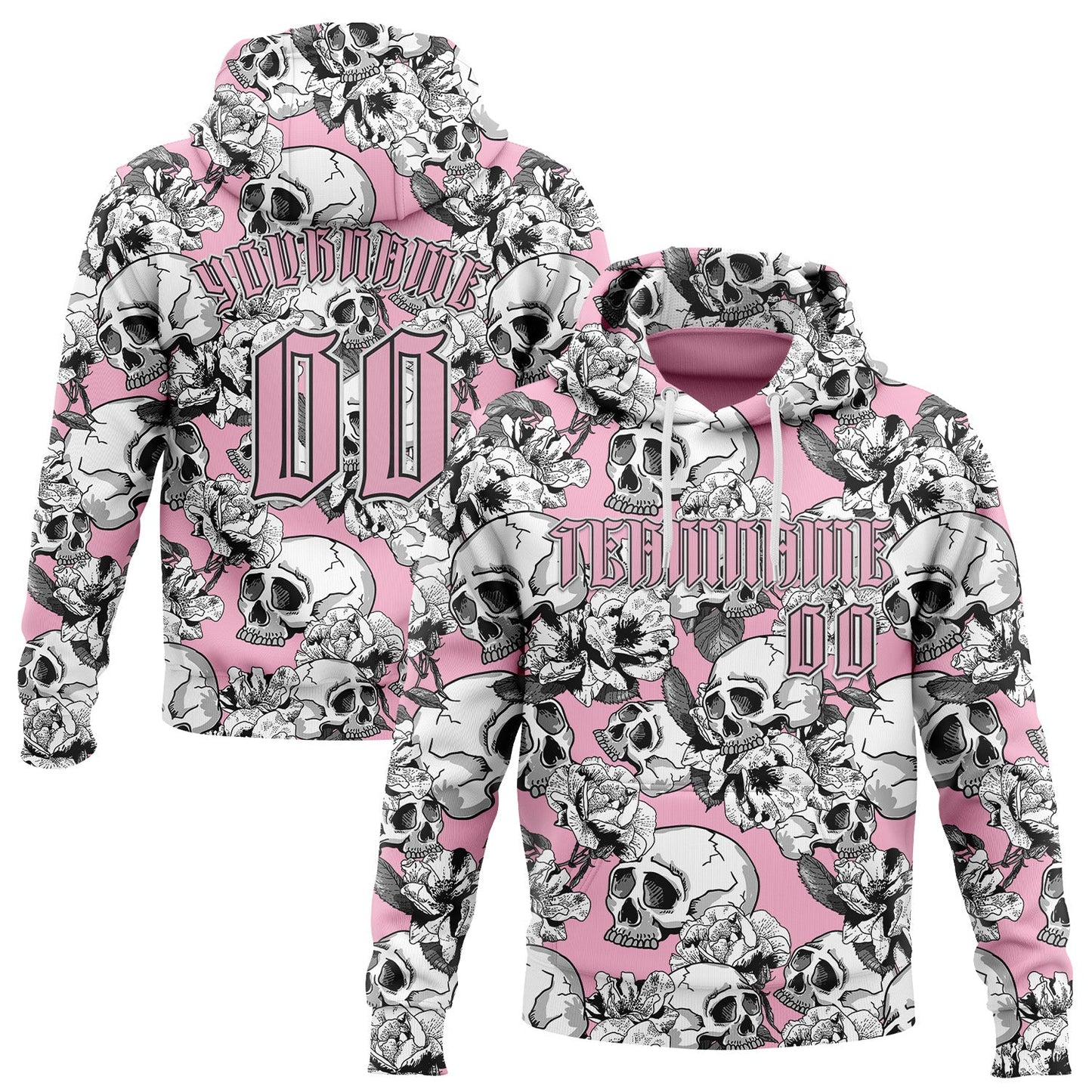 Custom Light Pink Black-White 3D Skull Roses Gothic Sports Pullover Sweatshirt Hoodie - Main View