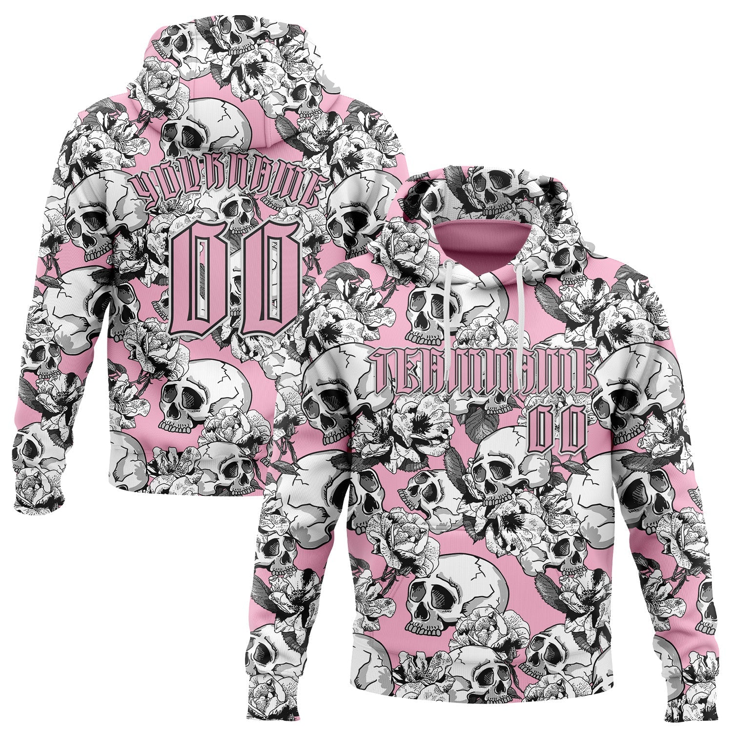 Custom Light Pink Black-White 3D Skull Roses Gothic Sports Pullover Sweatshirt Hoodie - Main View