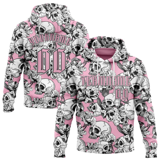 Custom Light Pink Black-White 3D Skull Roses Gothic Sports Pullover Sweatshirt Hoodie - Main View