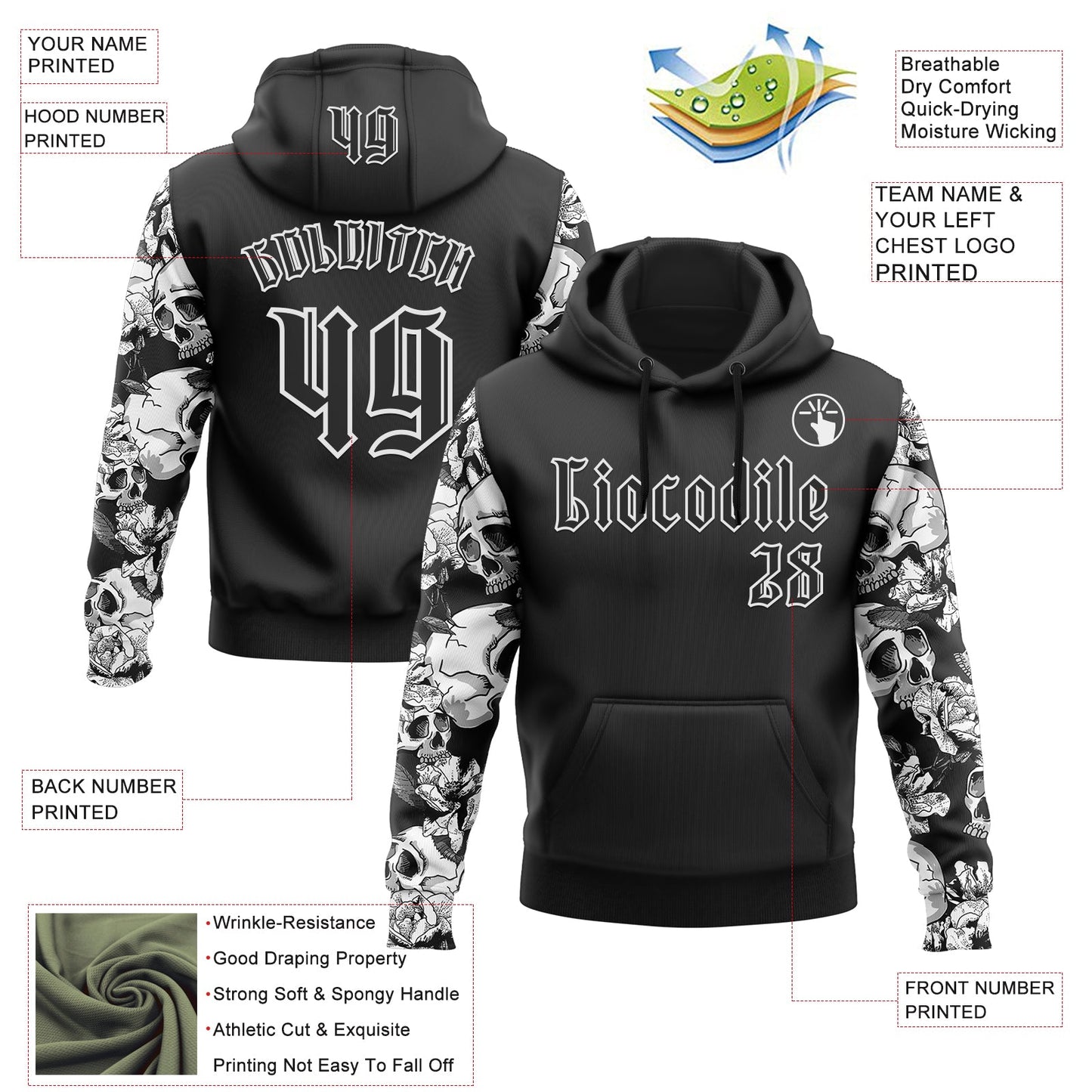 Custom Black White 3D Skull Roses Gothic Sports Pullover Sweatshirt Hoodie view 2