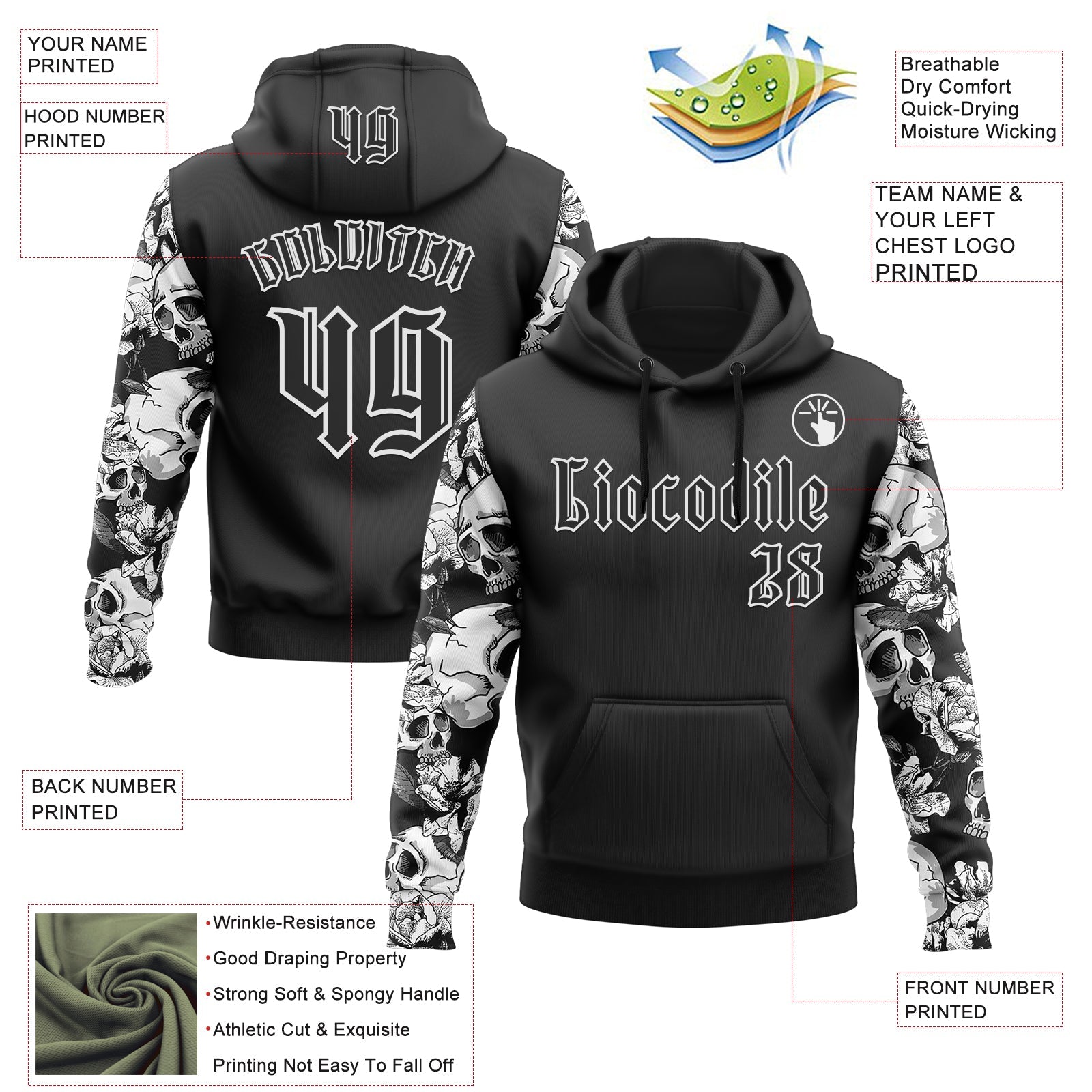 Custom Black White 3D Skull Roses Gothic Sports Pullover Sweatshirt Hoodie view 2