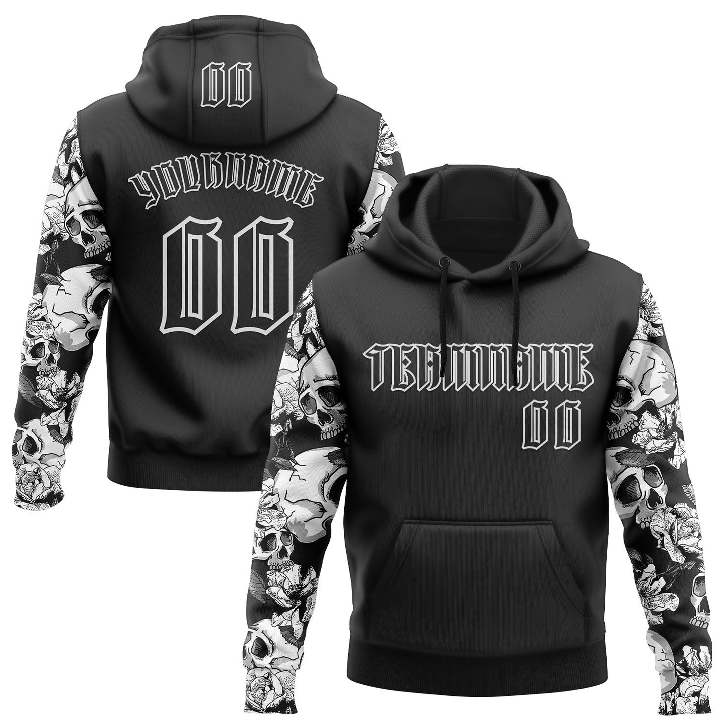 Custom Black White 3D Skull Roses Gothic Sports Pullover Sweatshirt Hoodie - Main View