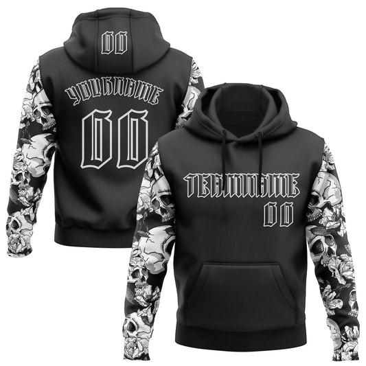 Custom Black White 3D Skull Roses Gothic Sports Pullover Sweatshirt Hoodie - Main View